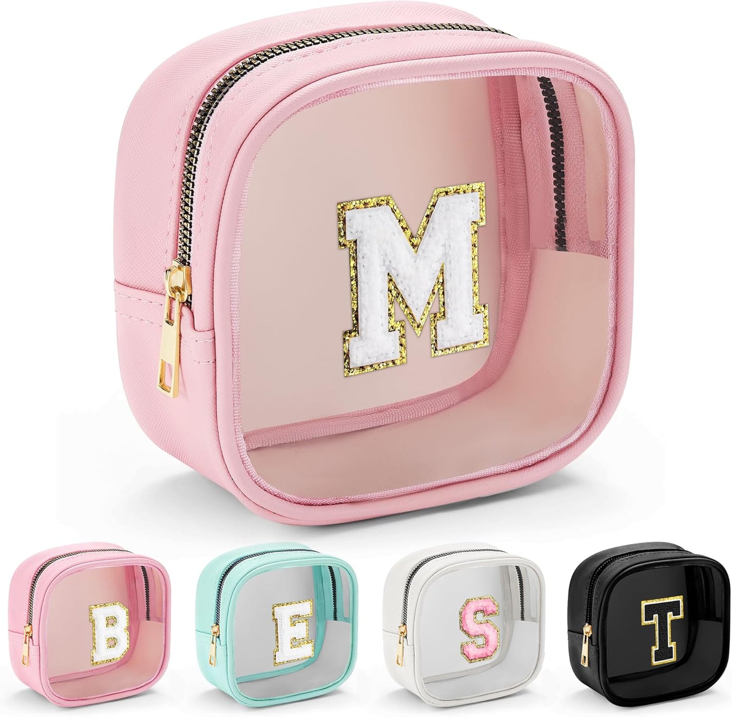 YOOLIFE Mini Initial Makeup Bag | Travel Toiletry Bag | Clear Makeup Bag | Travel Essentials Gifts for Women Teen Girlfriend Teacher Birthday Gifts | Clear Toiletry Bag Small Mini Cosmetic Bag Pink M