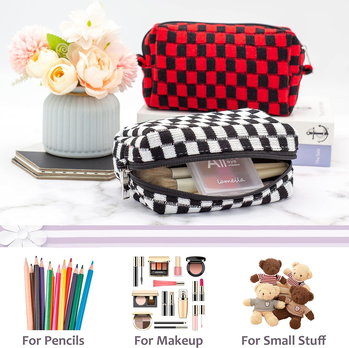 PAZIMIIK Checkered Makeup Bag for Purse Portable Zipper Make Up Pouch Small Cosmetic Case for Travel Accessories (6PCS Black)