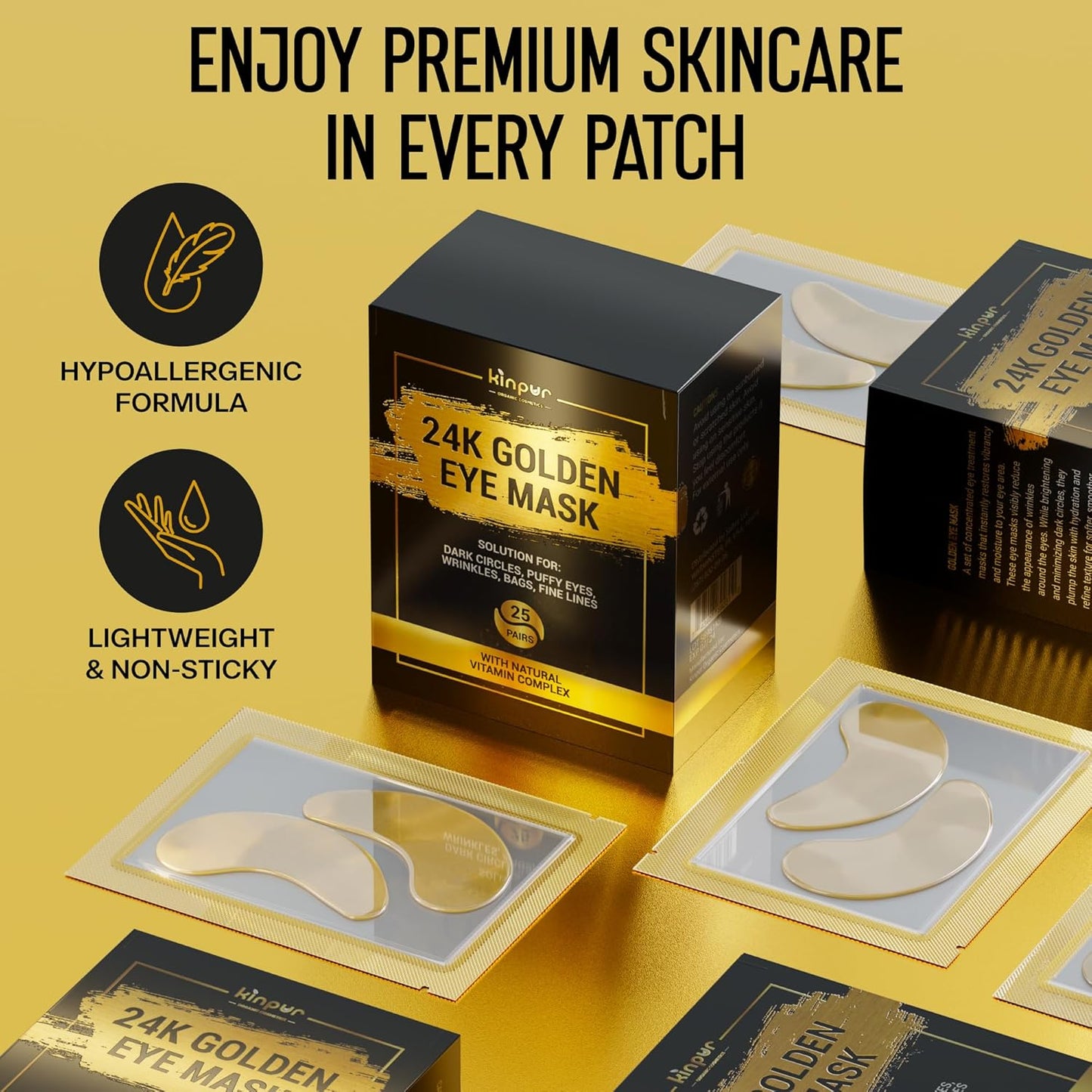 Under Eye Patches - 60pcs Gold Eye Patches for Puffy Eyes, Dark Circles, Eye Bags - Collagen Under Eye Mask with Vitamins (24k Golden 25 Pairs (Pack of 1))
