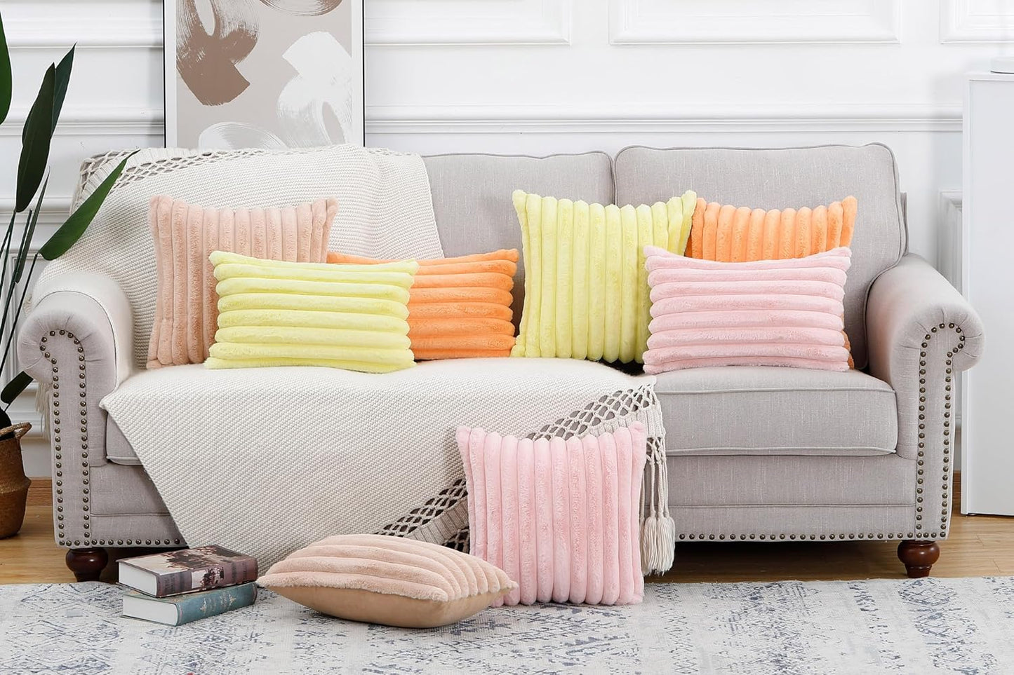 MADIZZ Set of 2 Faux Wool Plush Decorative Throw Pillow Covers 18x18 Inch Orange Fluffy Striped Soft Decorative Cushion Cover for Sofa Bedroom Pillow Shell