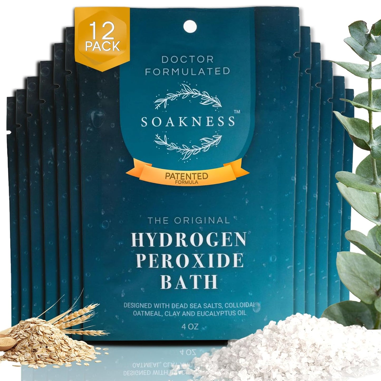 Hydrogen Peroxide Epsom Salt Bath Soak - USA-Made – Patented Bath Salts, Muscle Recovery, & Skin Detoxification – Magnesium Salts for Bathing - Doctor Formulated Pure Epsom Salt (12-Pack)