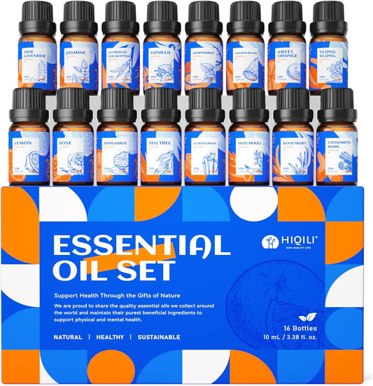 HIQILI Essential Oils Set,Top 16 Organic Aromatherapy Oils for Diffusers for Home,Plant Therapy,Candle Making,Laundry Fragrance,Humidifiers,Skin Care