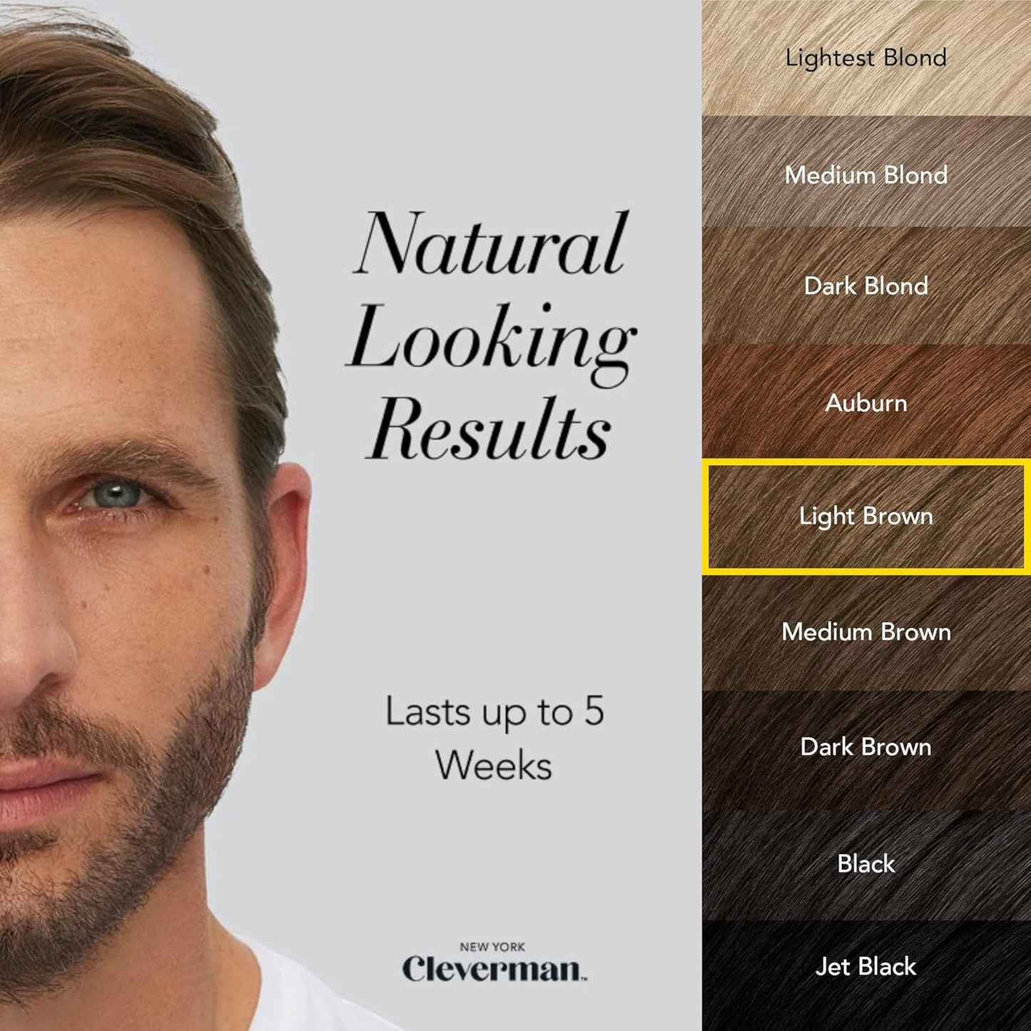 Cleverman Hair & Beard Dye Kit for Men, All-in-One Reusable Mens Hair Color, Natural Gray Coverage, Ammonia-Free Beard Mustache Dye for Men (Light Brown)