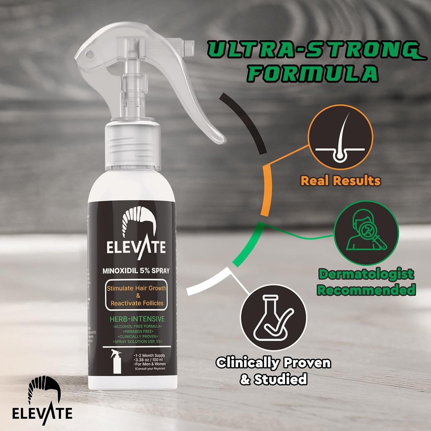ELEVATE 5% Minoxidil Hair Growth Spray - Alcohol Free Non Oily Formula Extra Strength Professional Treatment for Hair Loss/Regrowth - Stimulate Hair Follicles for Men & Women - 1 Month Supply