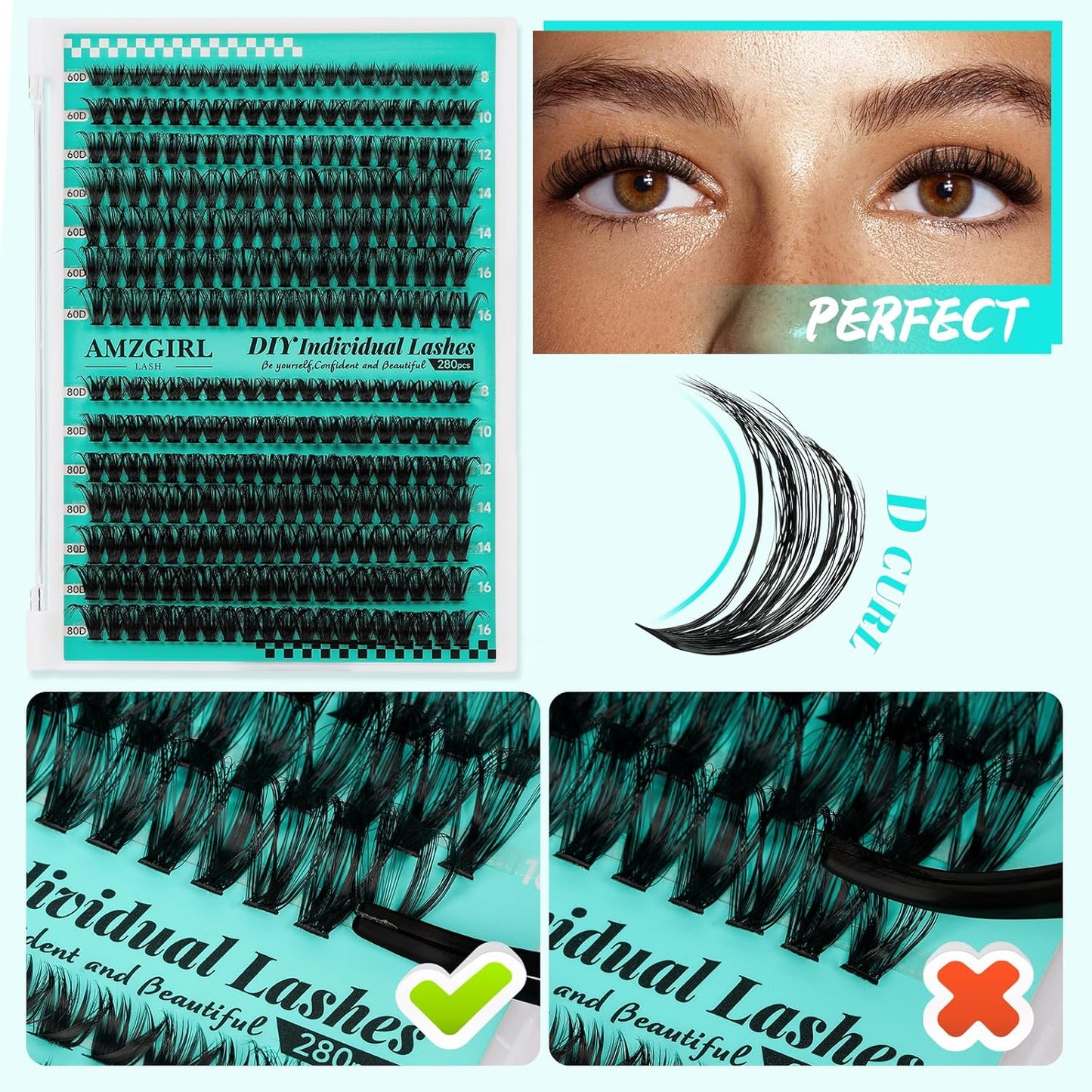 Lash Clusters Kit,280Pcs Individual 60D 80D Eyelash Extension Kit,Lash Bond and Seal,Lash Remover For Eyelashes Extensions,Lash Applicator Tool For False Lashes Cluster Kit At Home(D-Mix9-16mm)