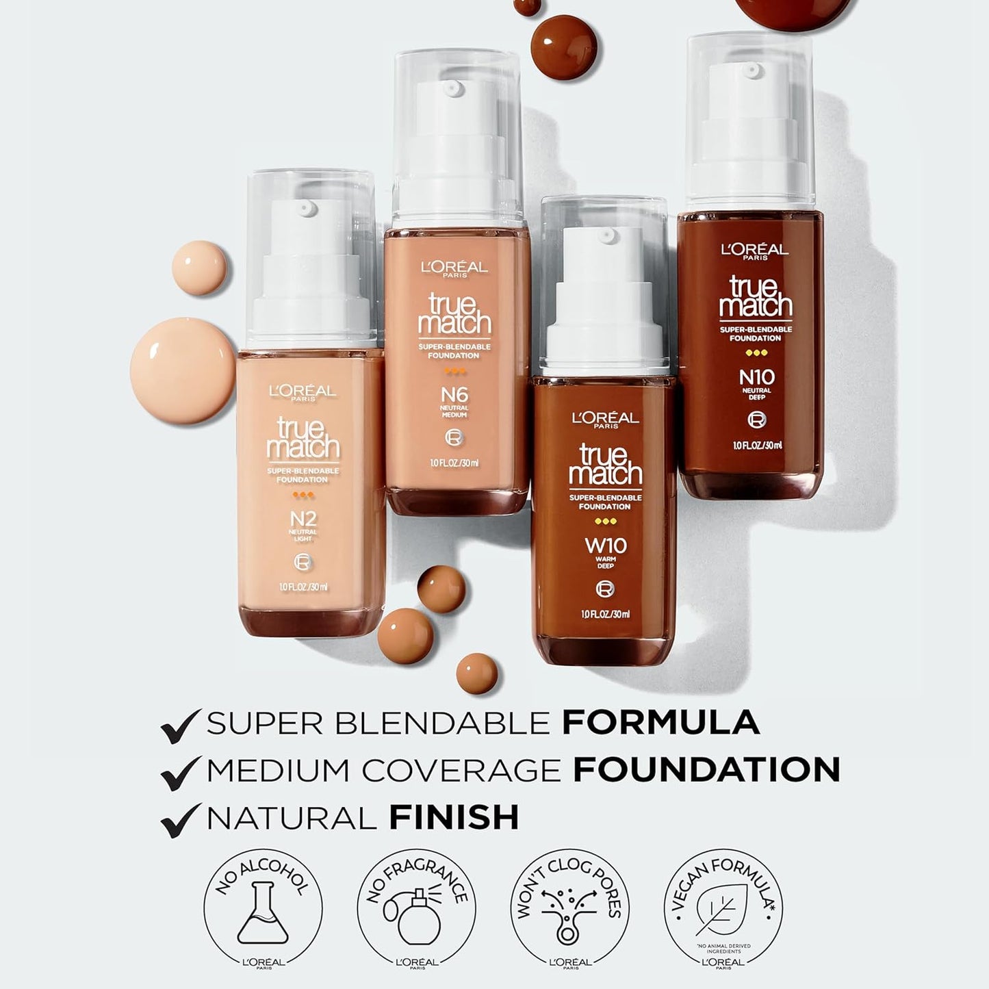 L'Oreal Paris True Match Super-Blendable Foundation, Medium Coverage Liquid Foundation Makeup, W10.5, Deep, 1 Fl Oz