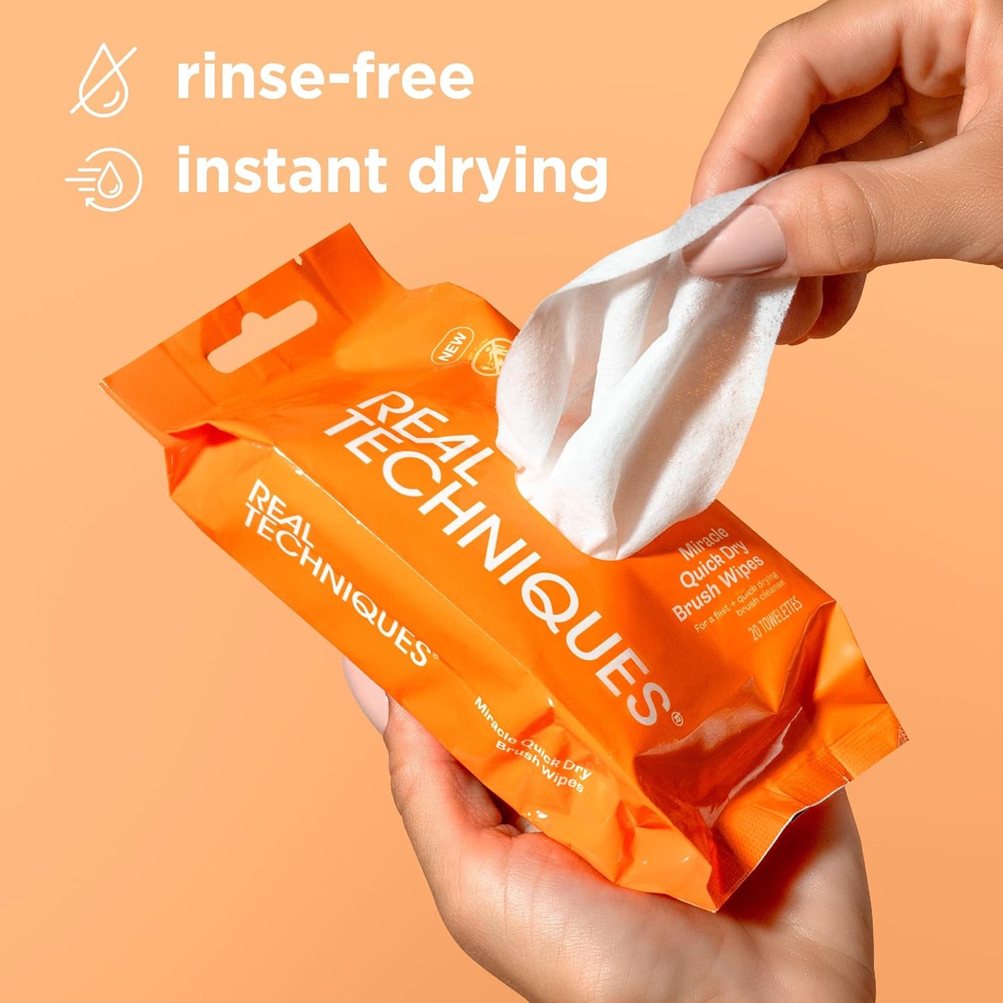 Real Techniques Miracle Quick Dry Brush Wipes, Remove Product Build-Up, Easily Switch Colors, Fast Drying, Convenient Makeup Brush Cleaner, Travel-Friendly, Cruelty-Free & Vegan, 20 Count