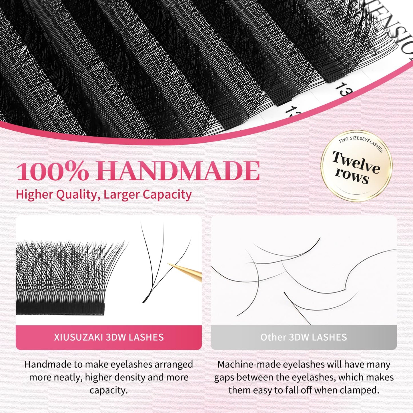W Lash Extensions Supplies 3D Eyelash Extensions W Shape 0.07mm Thickness C Curl 10mm Premade Fans Easy Fan Lashes Volume Matte Black 12 Rows Crisscross Eye Lashes(W-3D-0.07-C,10mm)