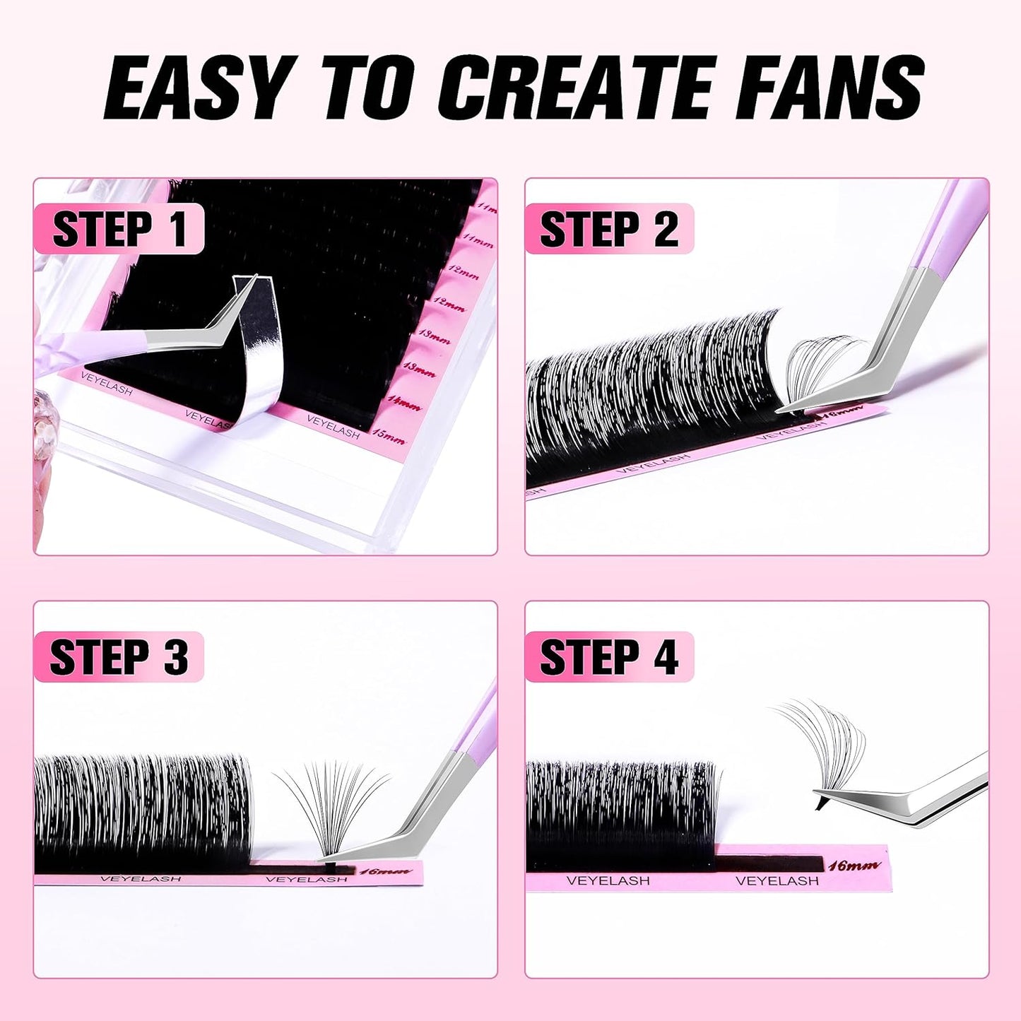 VEYES INC Cashmere Smart Fan Lash Extensions 0.03 0.05 0.07 C/CC/D Curl 8-20mm Mixed & Single Length, Super Matte Black Volume Lashes