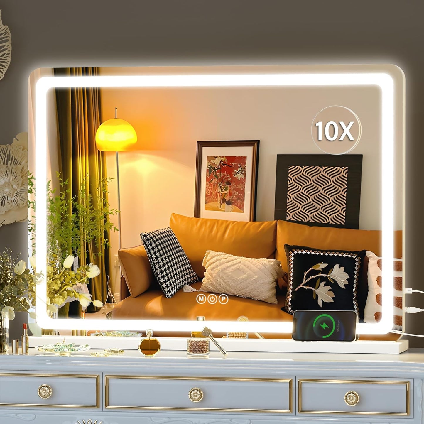 Hasipu Vanity Mirror with Lights, 27.6" x 20" LED Makeup Mirror, Lighted Makeup Mirror with Dimmable 3 Modes, Touch Screen Control Vanity Mirror Round White