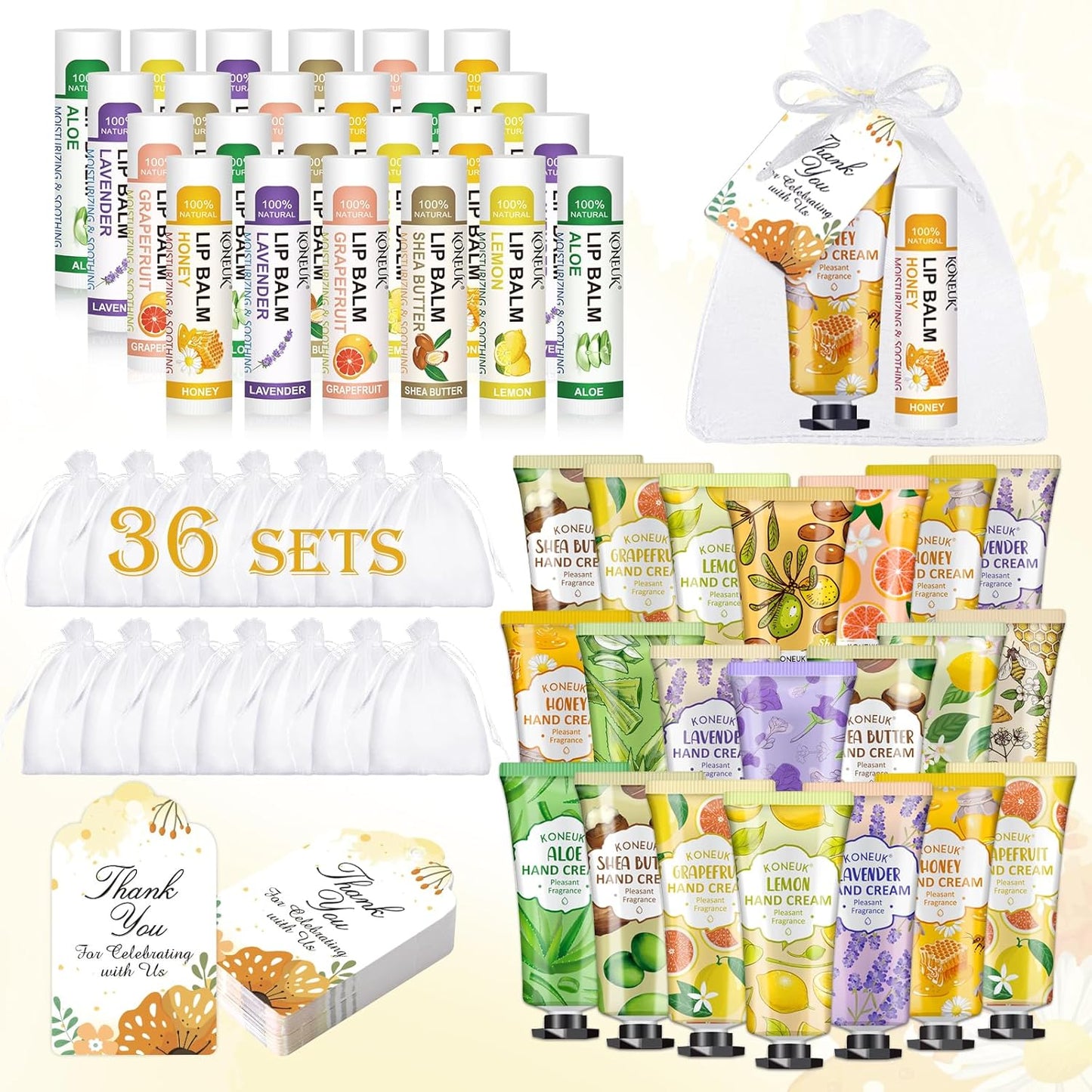 36 Pack Hand Cream Bulk and Lip Balm Bulk Sets, Bridesmaid Gifts, Thank You Gifts and Bridal Shower Gifts for Guests with Thank You Card Organza Bags, Birthday Gifts, Bulk Gifts, Small Gifts for Women