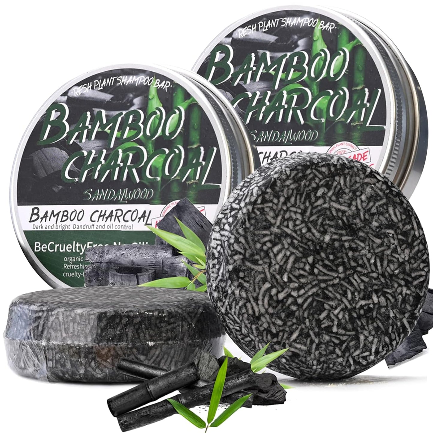 2PCS Bamboo Charcoal Shampoo Bar for Gray Hair, Black Soap for Gray Hair Natural Organics Shampoo and Conditioner Bar for Thinning Hair for Men & Women (Bamboo Charcoal)