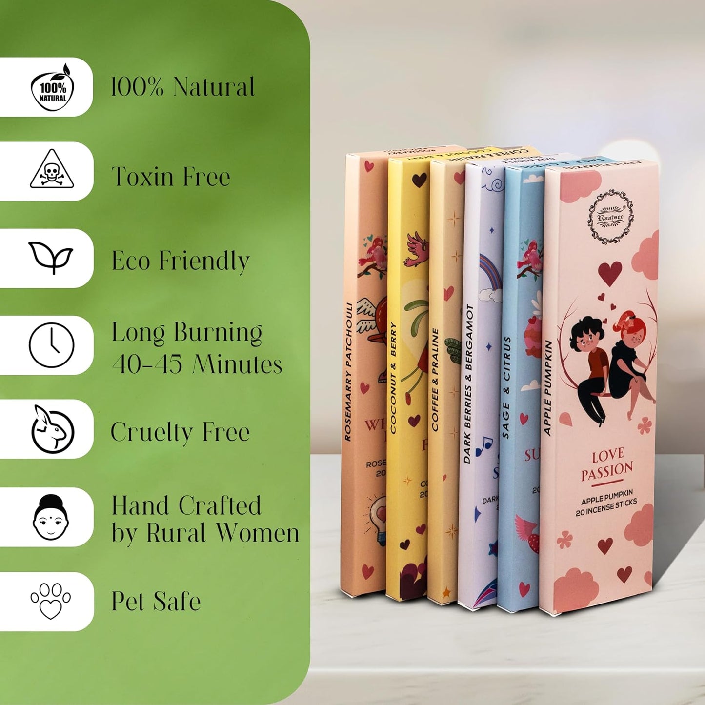 Raajsee Natural Incense Sticks with Insence Holder- Pack of 6 Organic Inscent -120 Insense Sticks, Non Toxic Clean Burning, Boho Gift Set, Sage,Apple Pumpkin,Coconut, Coffee,Rosemary Patchouli