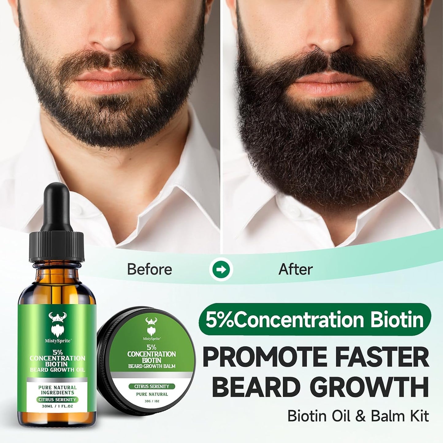 Beard Growth Oil & Beard Balm - Beard Growth Kit with 5% Concentration Biotin for Men, Natural Ingredients with Argan Oil, Jojoba Oil and Vitamin (Citrus Serenity)