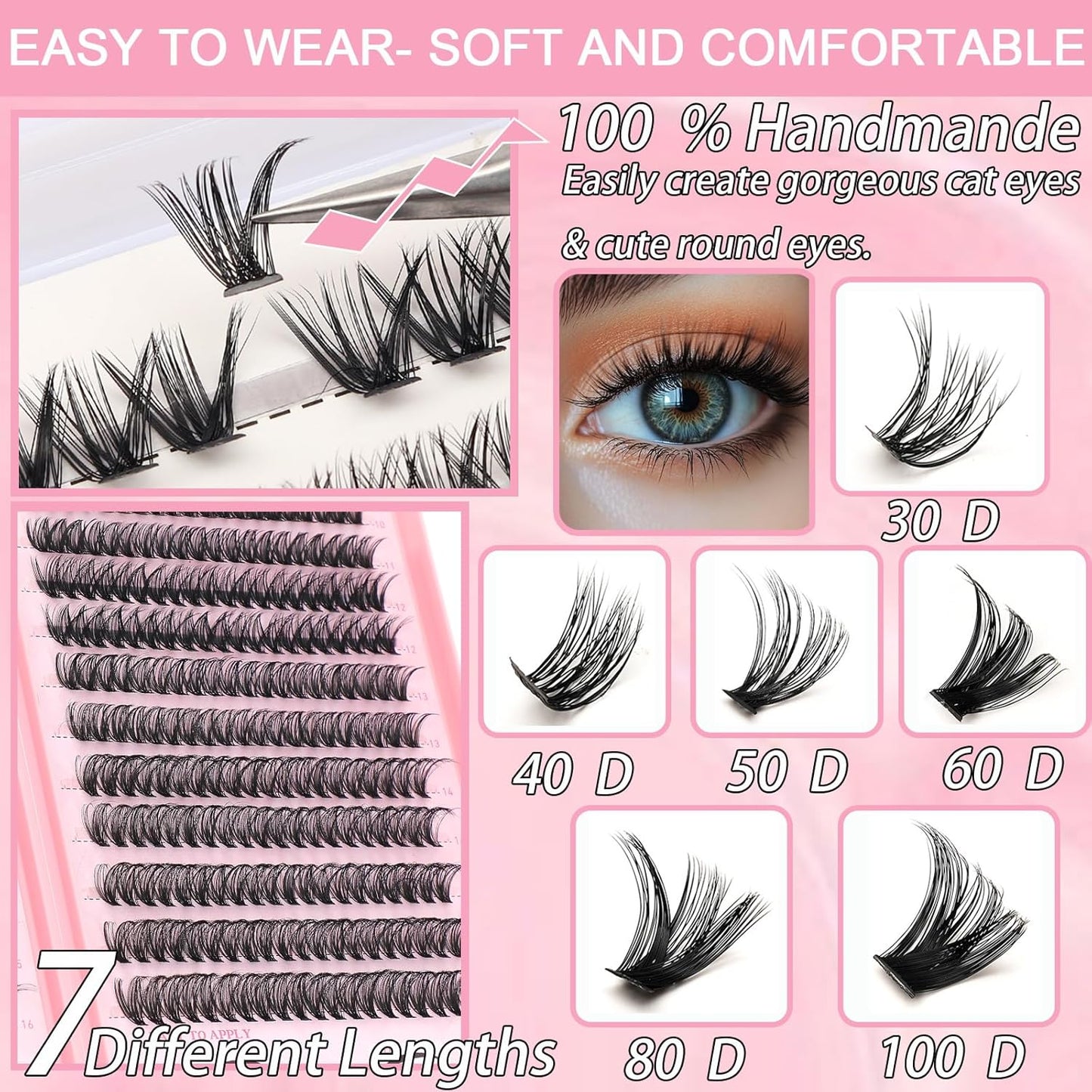 640 Pcs D Lash Clusters, Eyelash Clusters Individual Lash Extension Curl Fluffy Wispy False Eyelashes Extensions (Lash Clusters, 50D+60D 9-16mm)