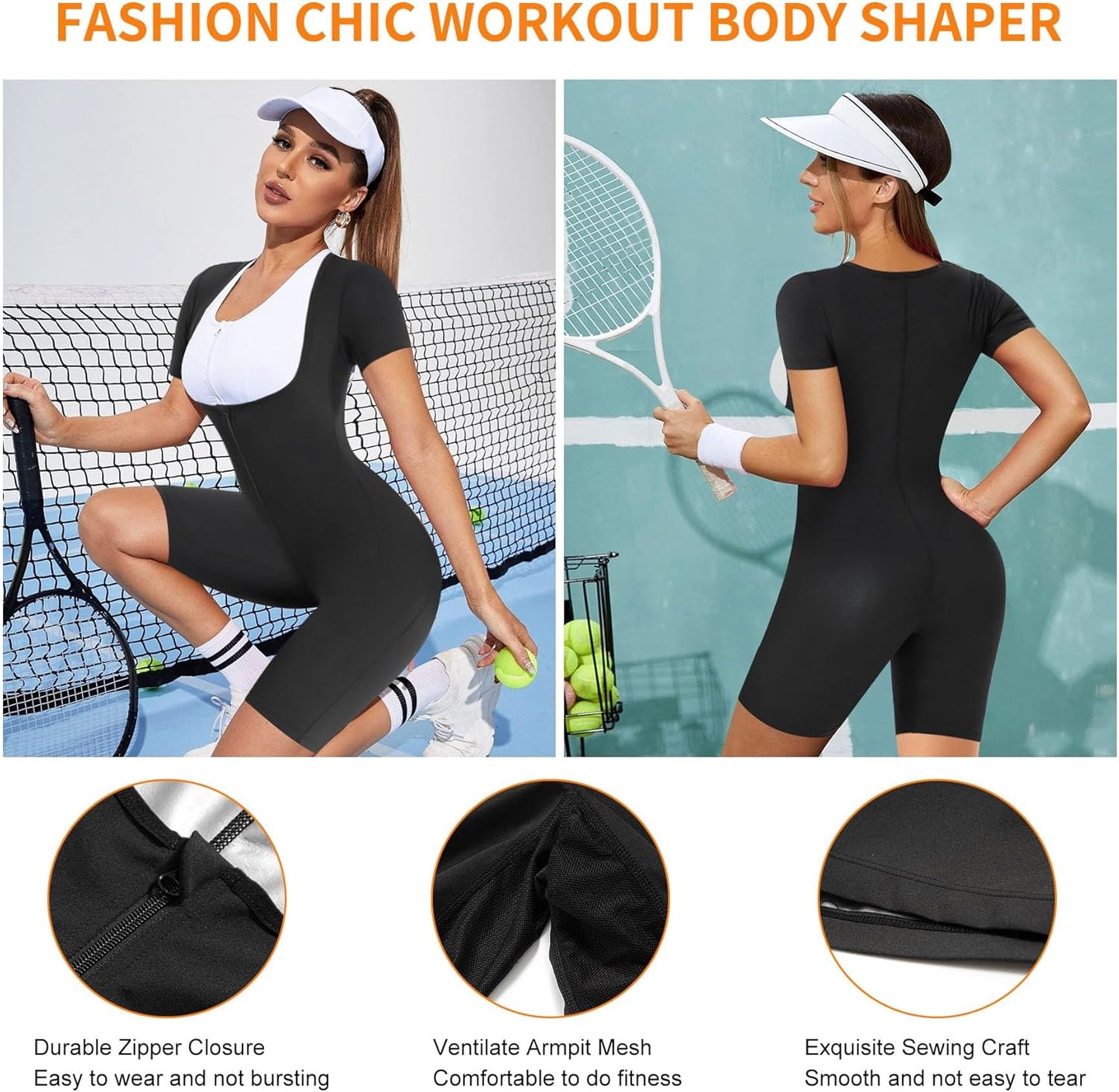 URSEXYLY Sauna Suit for Women Sweat Vest Waist Trainer 3 in 1 Slimming Full Body Shaper Workout Top with Sleeve Shorts