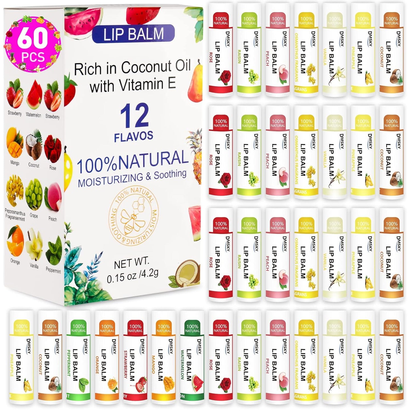 DMSKY 60 Pack Lip Balm, Natural Lip Balm Bulk with Vitamin E and Coconut Oil, Moisturizing Lip Balm for Chapped Lips, Bulk Lip Balm for Women-12 Flavors