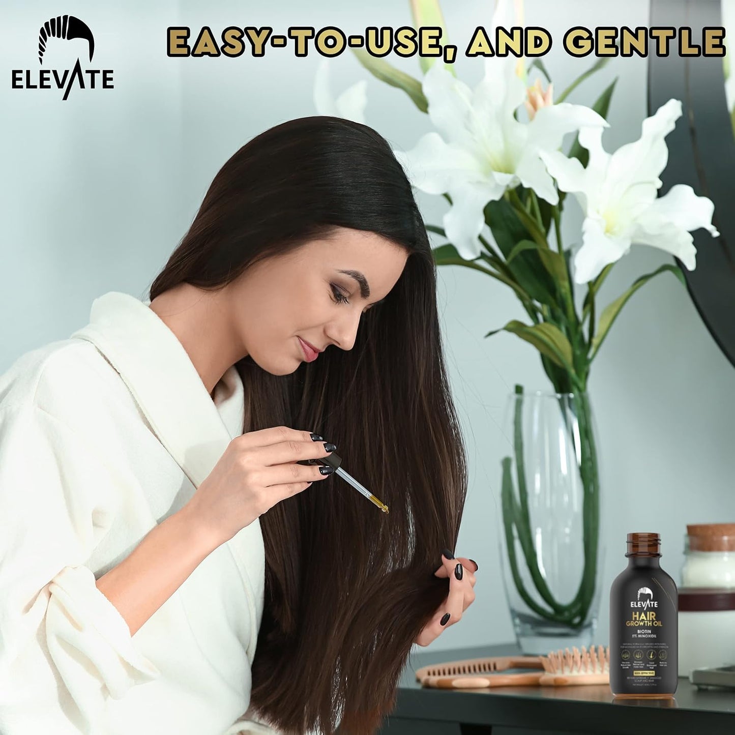 Elevate Hair Regrowth Treatment 5% Minoxidil Solution - Biotin Serum Hair Growth Oil for Men & Women - Thicker Fuller Stronger Hair - Stops Hair Loss & Thinning - Natural Hair Thickening Treatment 1oz