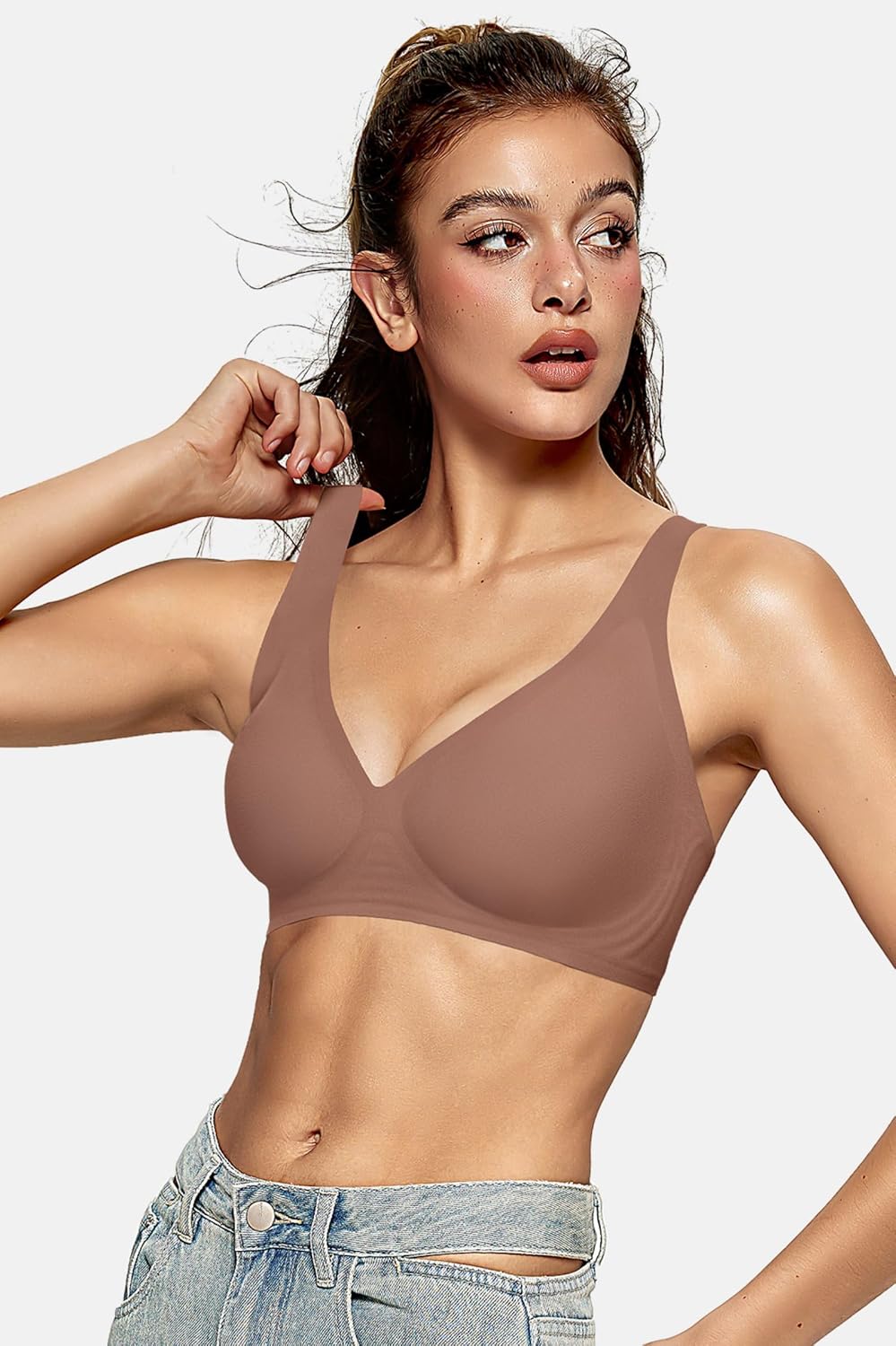 OEAK Womens Deep V Bras Wireless Comfortable Bra Supportive No Underwire Bras Tshirt Push Up Bralettes Plunge Seamless Bra