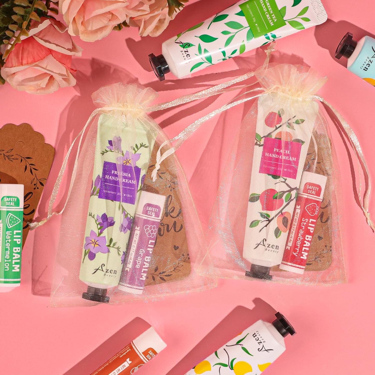 AZEN 120 Sets Bulk Gifts, Hand Cream and Lip Balm Bulk Set with Organza Bag Thank You Card, Baby Shower Wedding Gifts for Guests, Bridal Wedding Favors for Guests,Thank You Gifts for Women