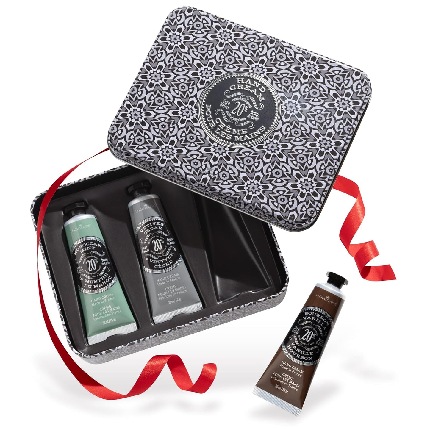 La Chatelaine Hand Cream Unisex Gift Set, Ready-To-Gift Hand Lotion, Travel Size, Natural Hand Cream Made in France with 20% Organic Shea (Moroccan Mint, Vetiver Cedar, Bourbon Vanilla) 3 x 1 fl oz