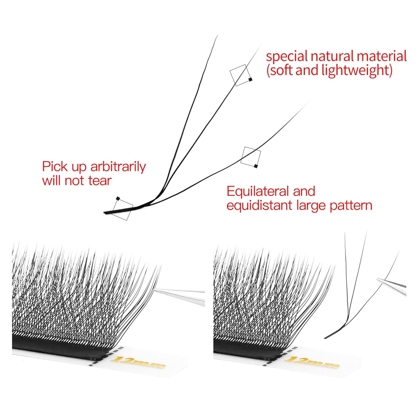 W Lash Extensions 4D Eyelash Extensions W Shape 0.07mm Thickness L Curl 12mm Premade Fans W Lashes Individual Lashes Matte Black 12 Rows False Eyelashes Volume Lashes(W-4D-0.07-L,12mm)