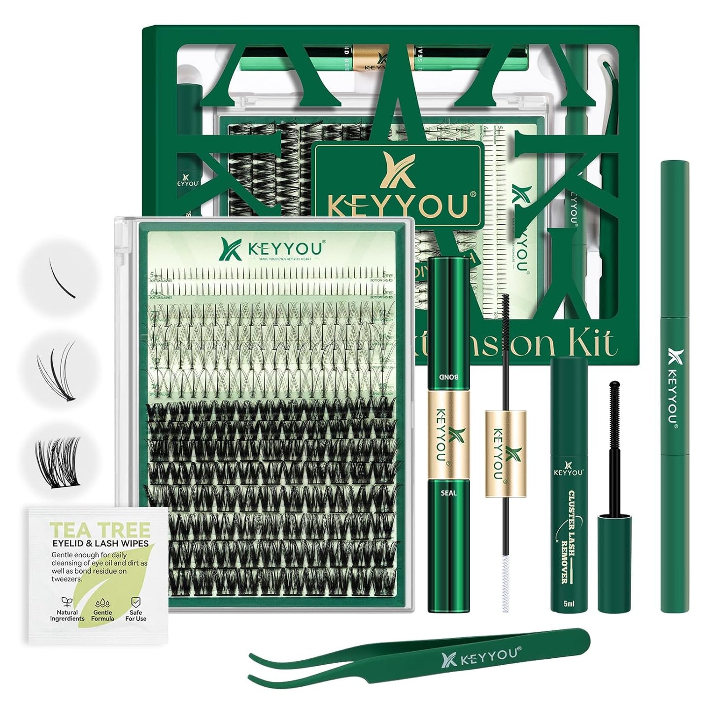 KEYYOU Lash Extension Kit Mixed 5-16mm Eyelash Extension Kit with Bottom Lashes Multi-Type Lash Clusters with Bond and Seal Applicator and Remover DIY at Home