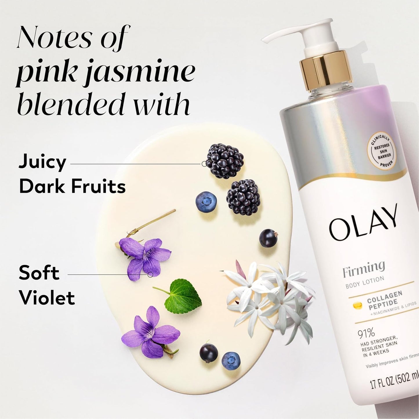 Olay Body Lotion for Women, Firming with Collagen Peptides Serum, Visibly Firmer Skin, 24hr Moisture & Hydration, Fast Absorbing Formula, Vitamin B3 Complex, For All Skin Types, 17 fl oz