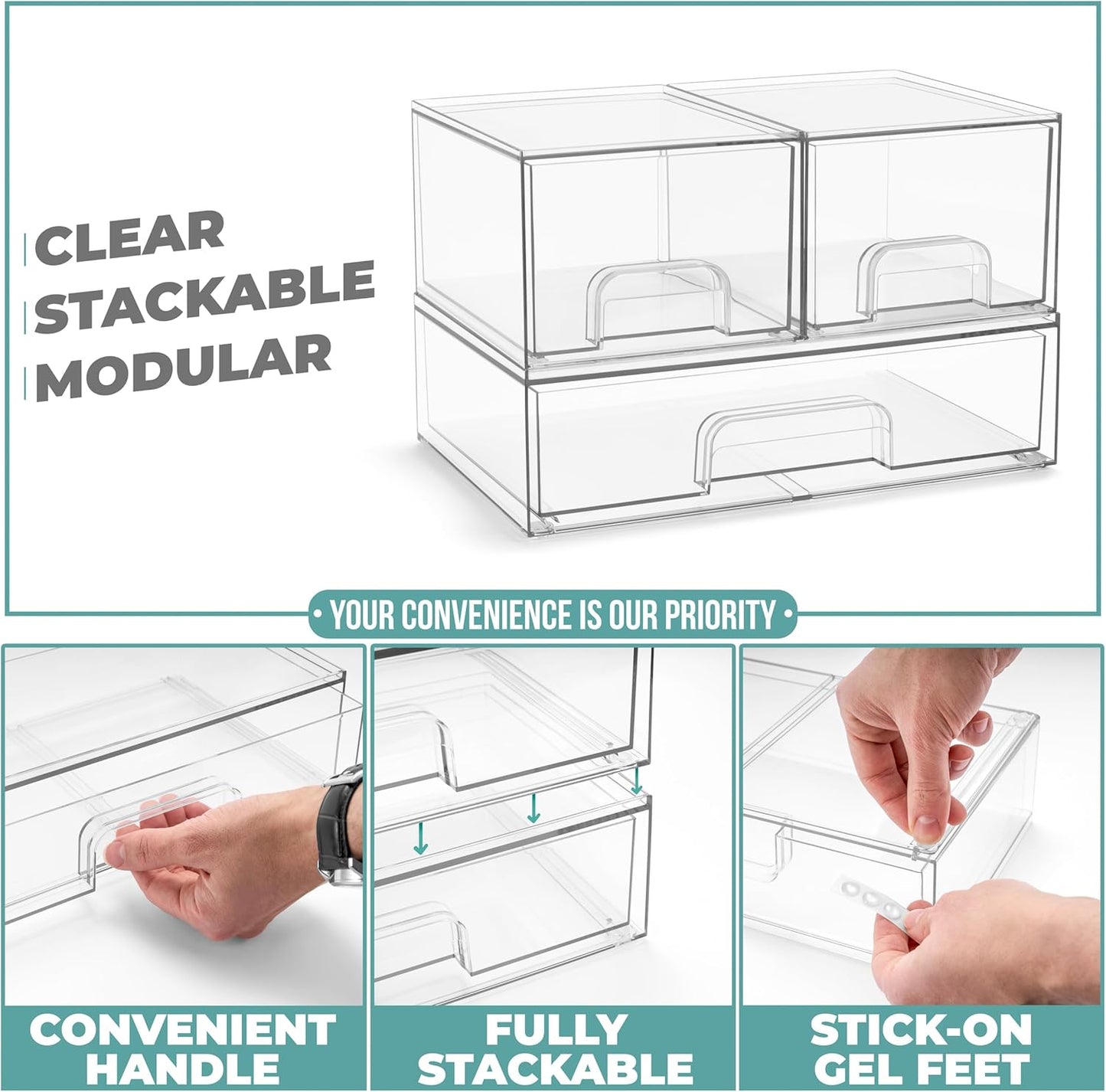 Sorbus Acrylic Storage Containers - 3 Pack, Stackable Storage Bins Set for Bathroom Organization - Clear Acrylic Drawer Organizers - Makeup Case Pull-Out Drawers (4.4’’ Tall and 12.1’’ Wide)