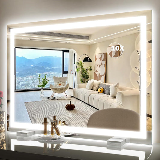 38"x28" Inch Large Lighted Vanity Mirror, 3-Color Lighting & Dimmable Modes, LED Makeup Mirror for Bathroom/Dressing Room (Wall/Tabletop Mount, White)