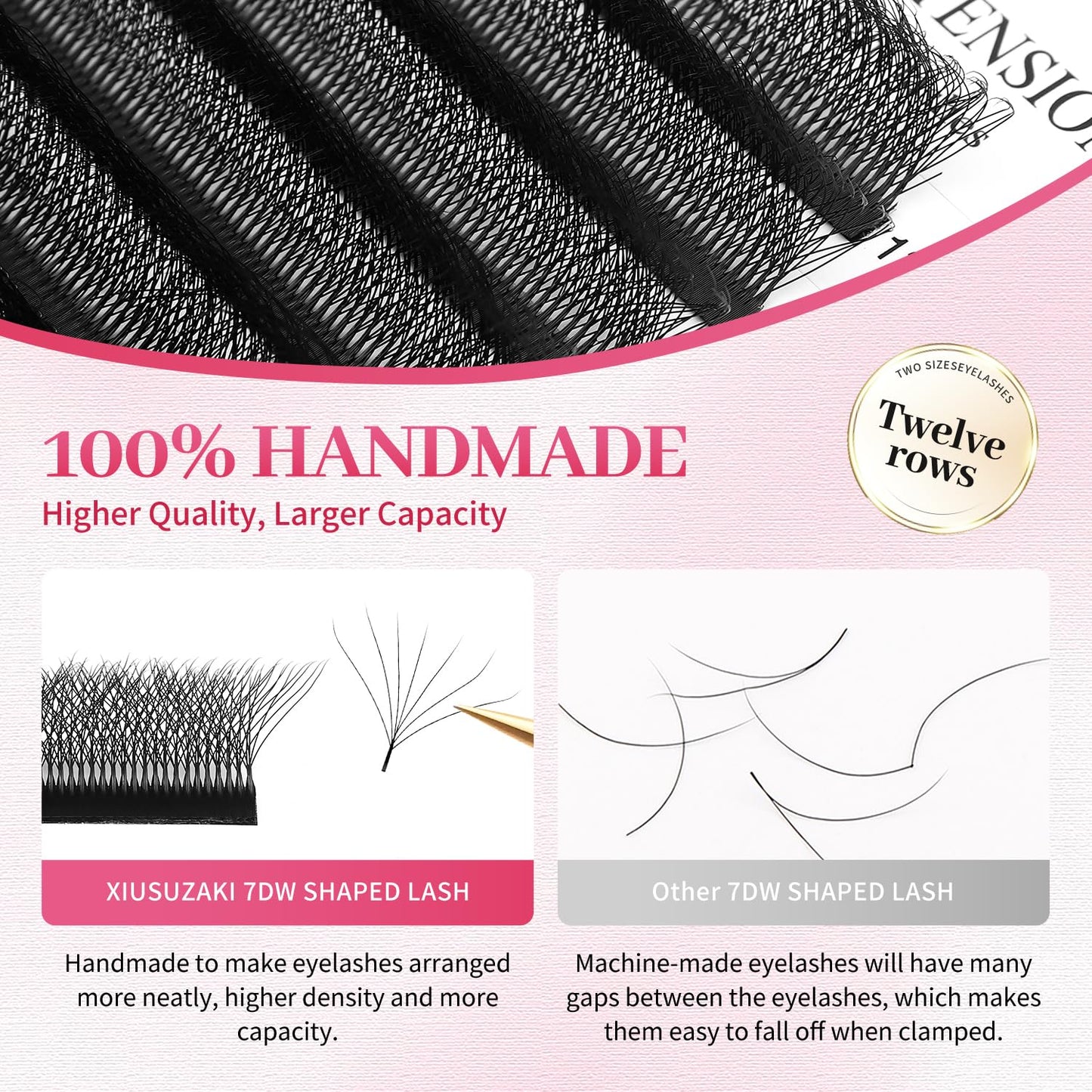 W Lash Extensions Supplies 7D Eyelash Extensions W Shape 0.07mm Thickness C Curl 9mm Premade Fans Easy Fan Lashes Volume Matte Black 12 Rows Crisscross Eye Lashes(W-7D-0.07-C,9mm)