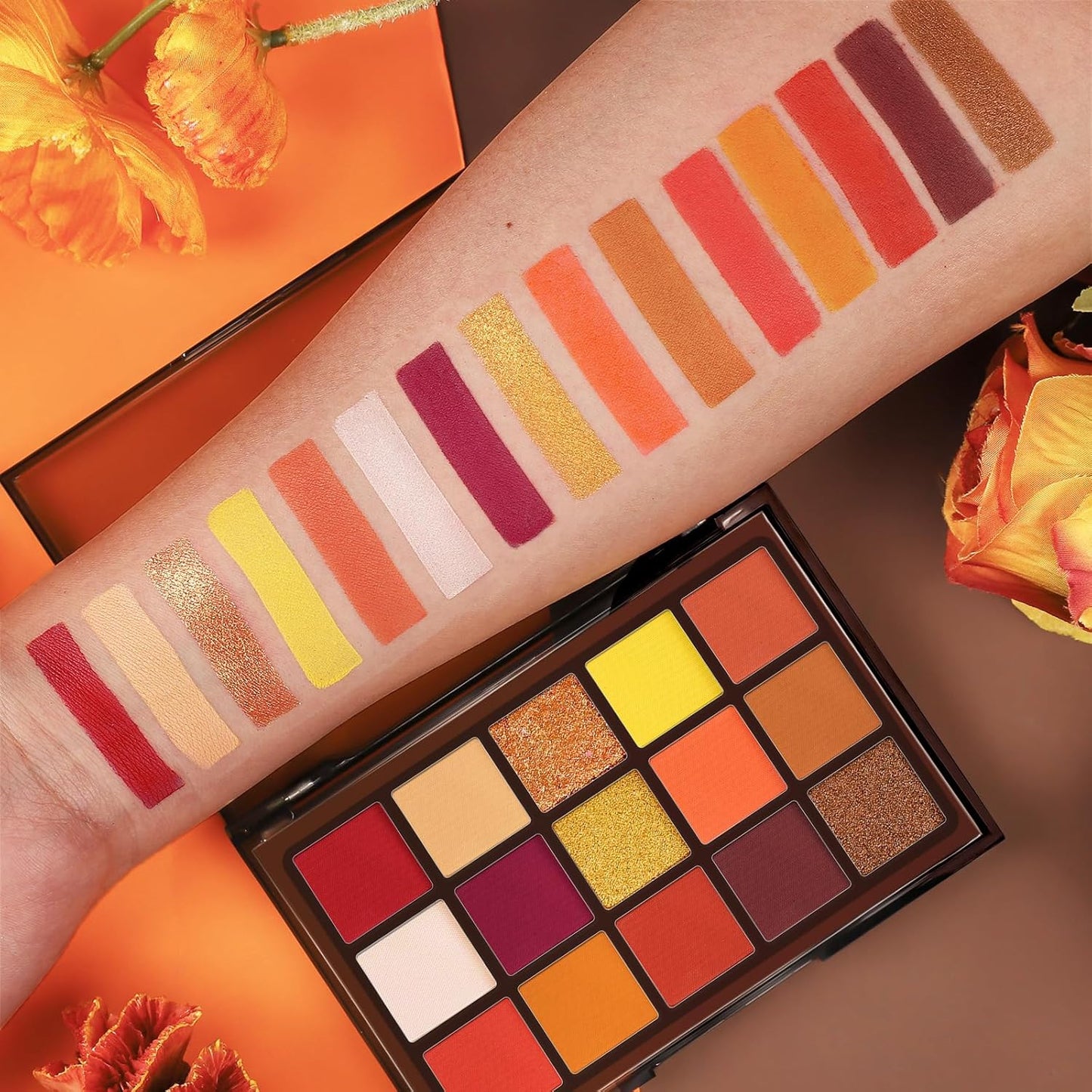 UCANBE Orange Eyeshadow Makeup Palette, 15 Colors Vibrant Shimmer Matte Glitter Eye Shadow Pallet, High Pigmented Warm Yellow Sunset Red Coral for Fall Cosplay Halloween Costume Parties Pumpkin Makeup