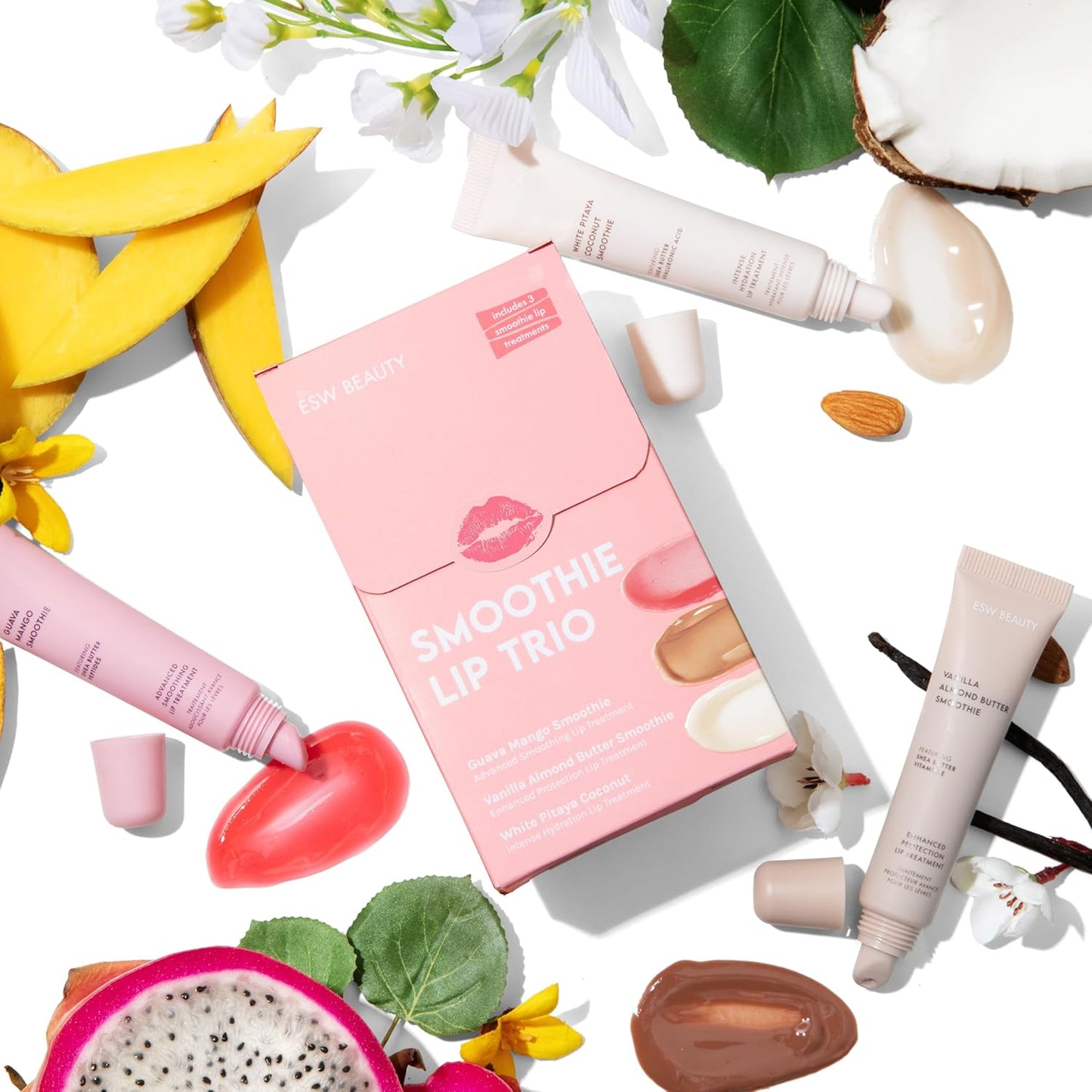 ESW Beauty Smoothie Lip Treatment Set – White Pitaya Coconut, Guava Mango & Vanilla Almond Butter – Hydrating & Smoothing Lip Gloss Set