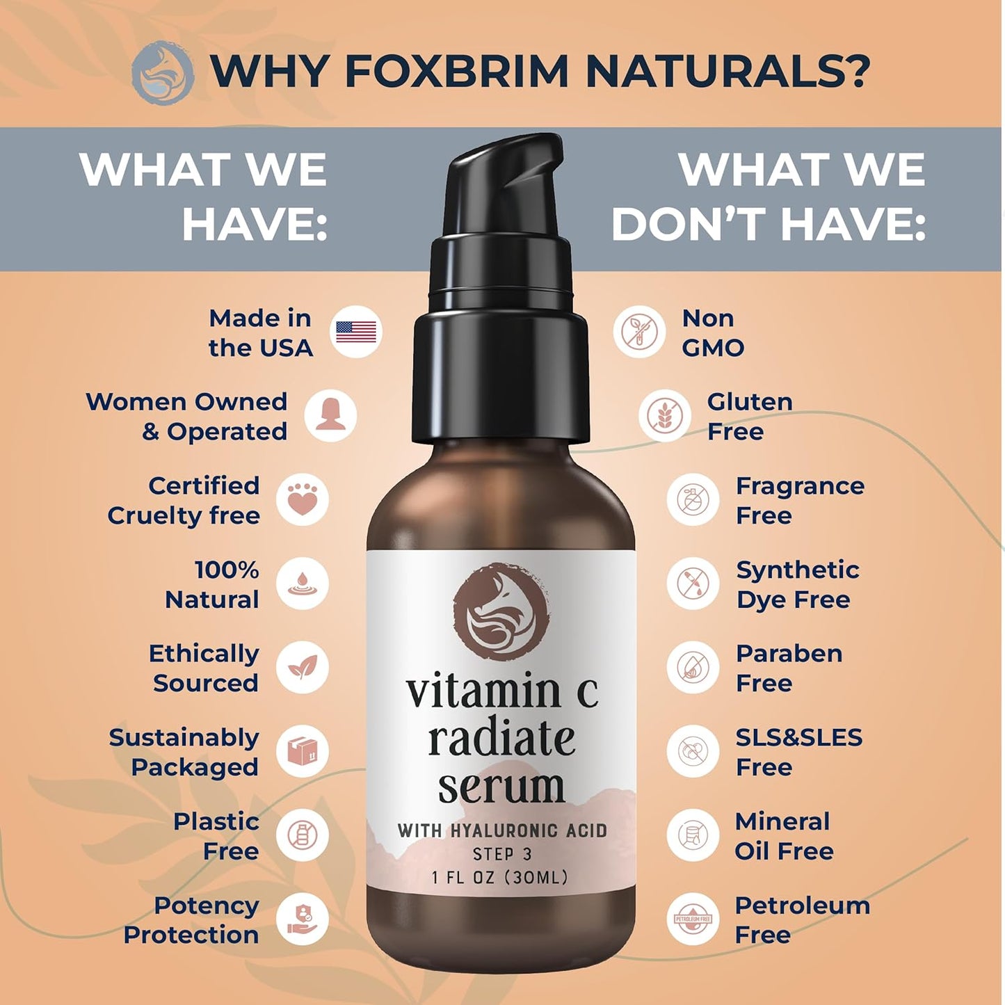 Vitamin C Face Serum - Anti Aging & Brightening Facial Serum - With Hyaluronic Acid Gotu Kola & Jojoba Oil - Natural & Organic - Foxbrim Naturals 1oz