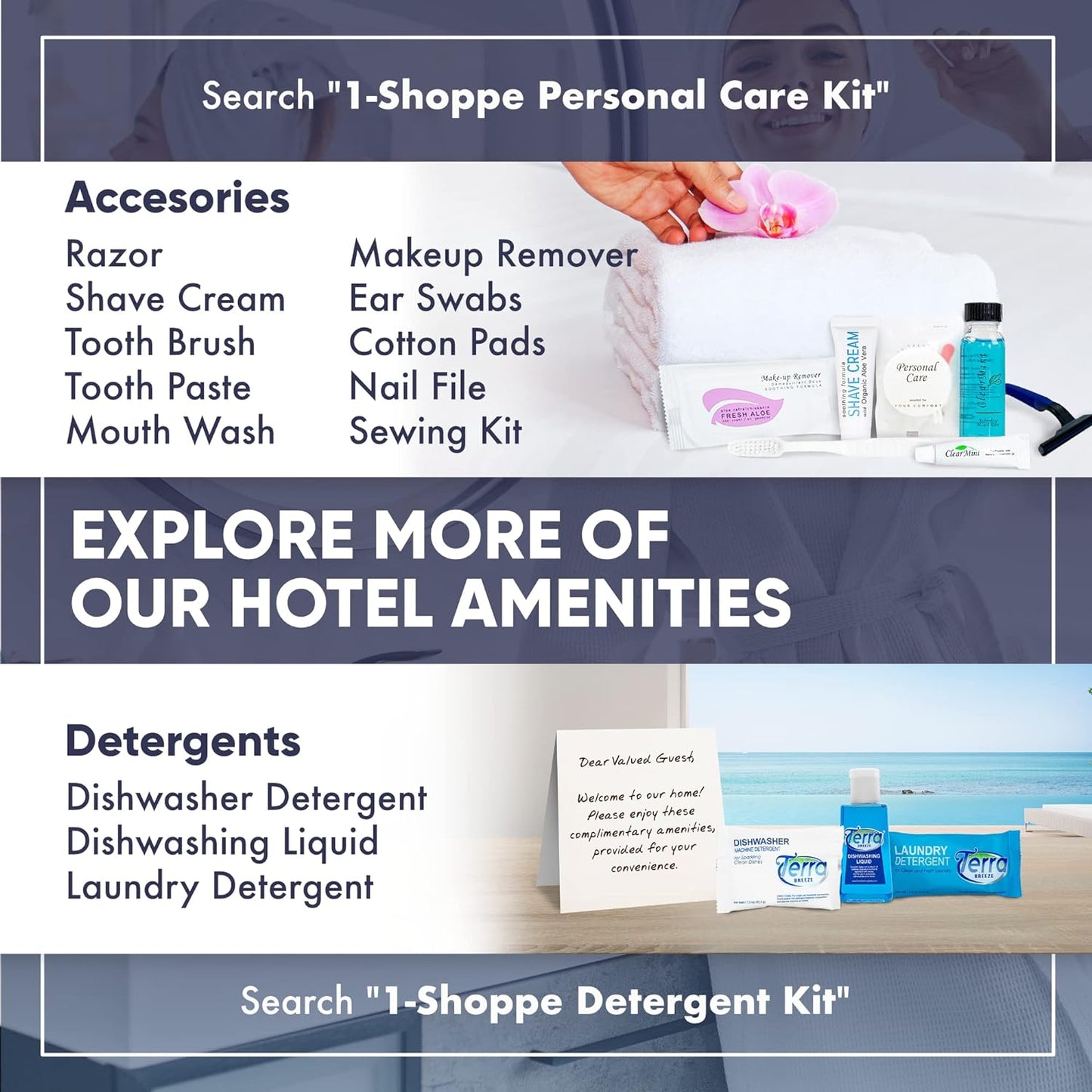 1-Shoppe All-in-Kit | Personal Care Kit Frosted Sachet Wrap | Hotels and Vacation Rentals | (Case of 50)