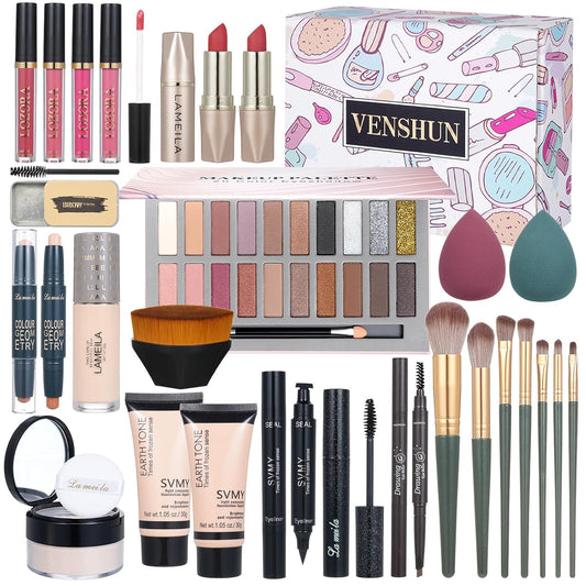 Makeup Kit Full Kit for Women Makeup Kit Full Kit for Teenagers Eyeshadow Palette Lip Gloss Foundation Mascara Eyeliner Cosmetic Brushes Cosmetic Bag etc. (20Middle)