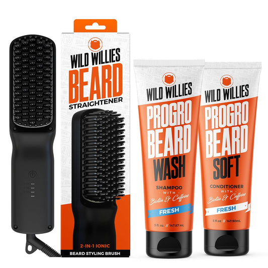 Wild Willies Beard Grooming Kit - Beard Straightener for Men, PROGRO - Fortified with Biotin & Caffeine for Hair Growth, Wash, Hydration - Ionic 2-in-1 Heated Comb Brush, Made in USA