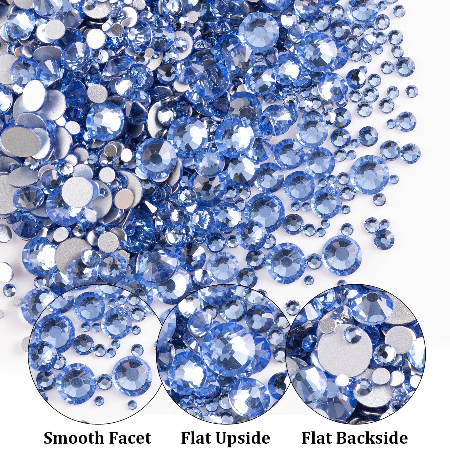 One Pack 2000 Pcs of Flatback Round Sky Blue Rhinestones 6 Sizes (1.5-6 mm) with Nail Art Rhinestone Picker Pencil and Tweezer for DIY and Salon Use