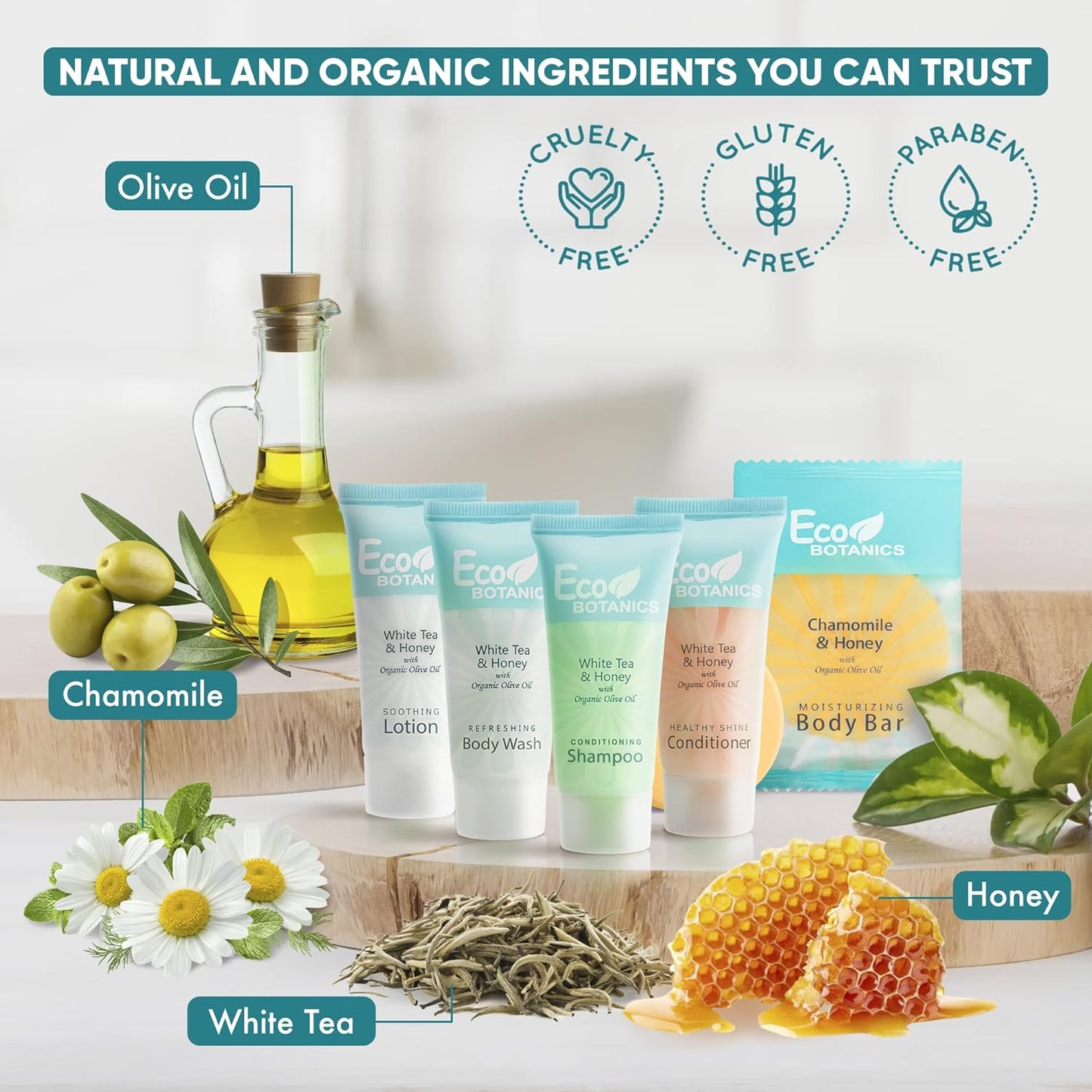 Eco Botanics Hotel Soaps & Toiletries Bulk Set | 0.85oz Hotel Shampoo & Conditioner, Body Wash, Body Lotion & Bar Soap Travel Size | 300 Pieces