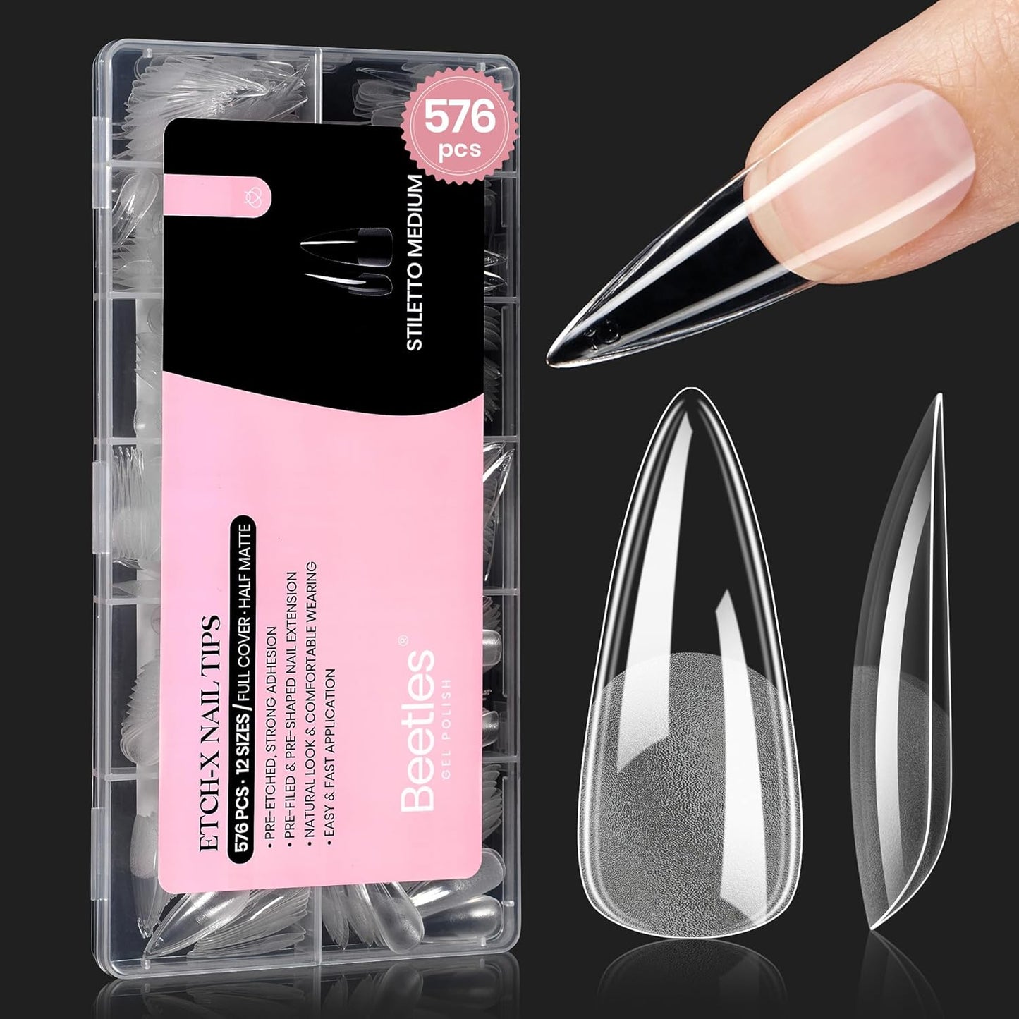 Beetles Gel Nail Tips Etch-X, Stiletto Medium, 576Pcs 12 Sizes, Pre-Etched Half Matte Full Cover Soft Acrylic Fall Halloween False Nail Tips Easy DIY Press On Nail Extensions Salon Gift for Women