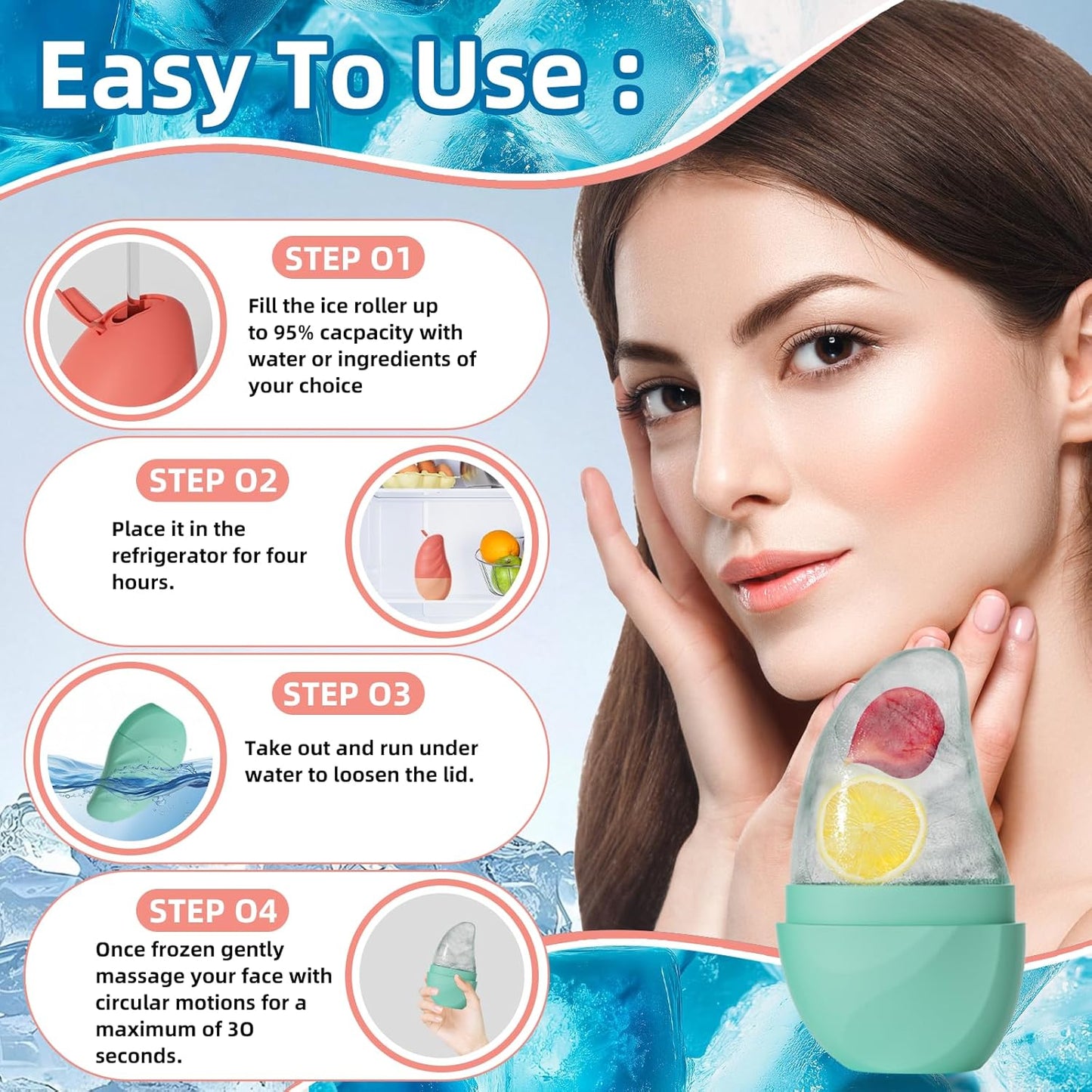 Silicone Facial Ice Cube Roller Massager, Facial Beauty Care Tool, Reusable Face Ice Mold - Brighten Skin, Reduce Puffiness (Rose Red)