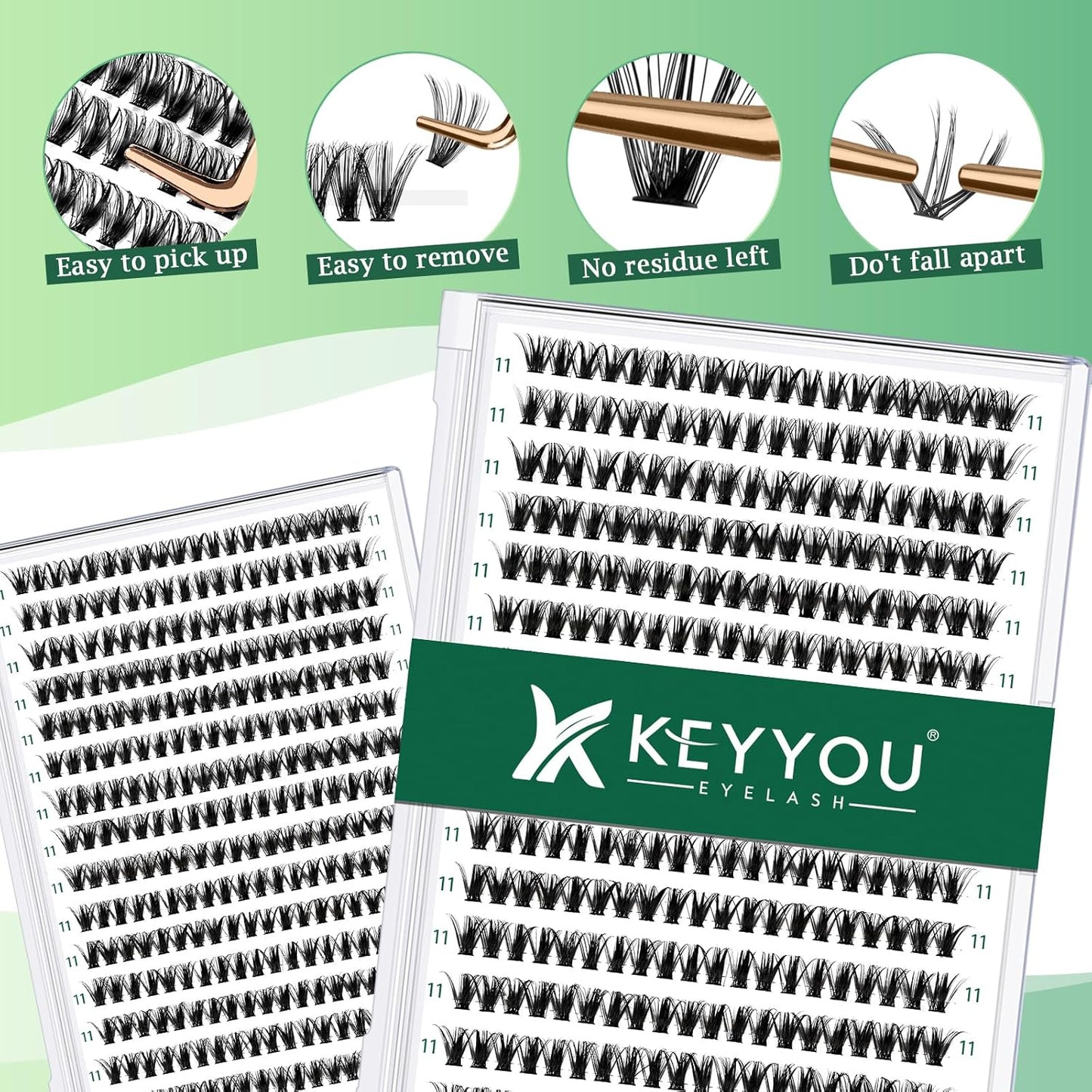 Lash Clusters 300pcs Individual Lashes 40D 0.07D Curl 12mm DIY Eyelash Extension KEYYOU Large Tray Volume Soft&Natural Eyelash Clusters(40D-0.07D,12）