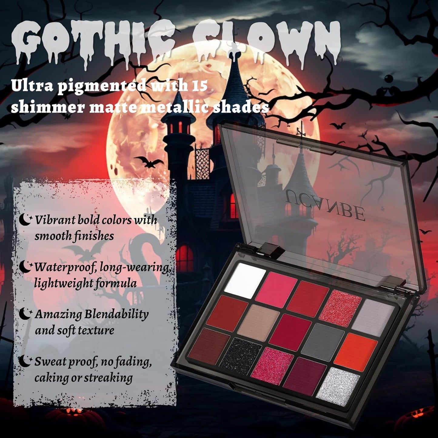 UCANBE Red Eyeshadow Makeup Palette, 15 Colors Burgunry Gray Silver Shimmer Matte Glitter Metallic Eye Shadow Pallet, Pigmented Make Up Kit for Halloween Parties Christmas Joker Vampire Clown