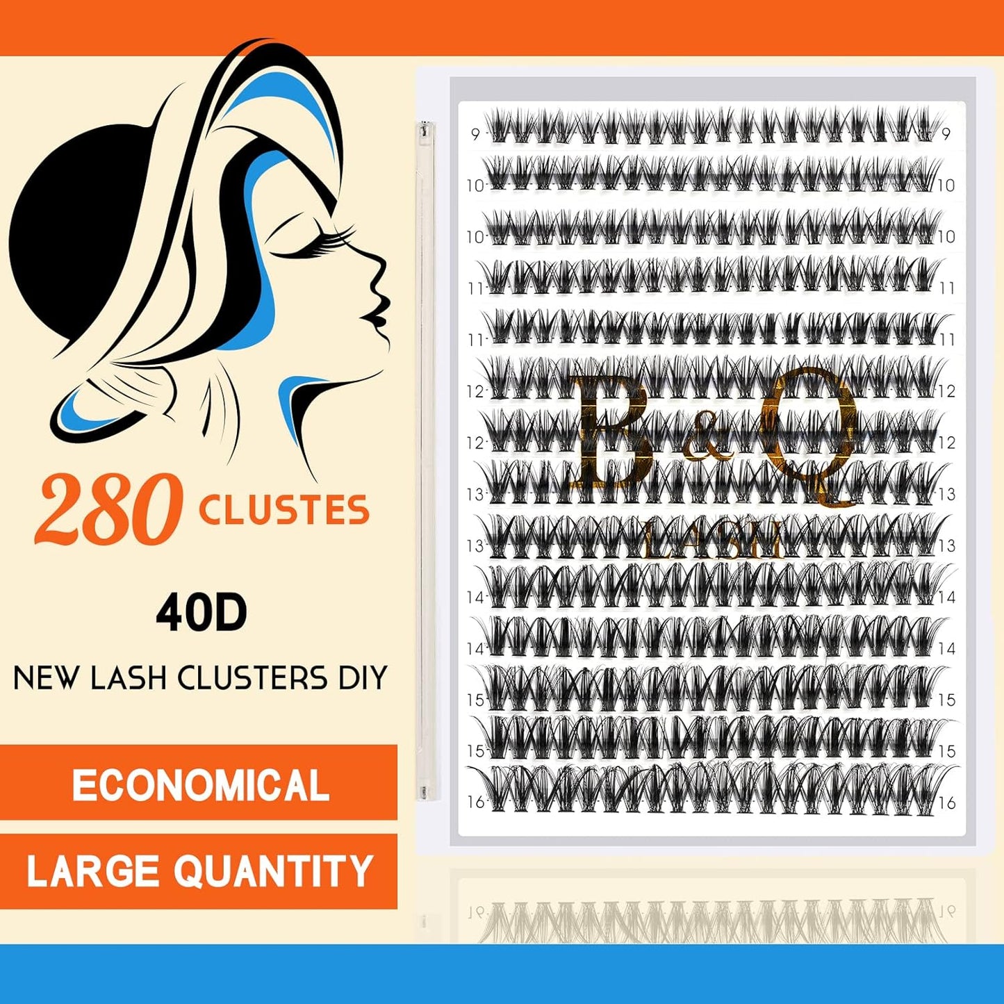 B&Q Lash Clusters 40D-C-9-16MIX Individual Lashes 280 Clusters Manga Lashes False Eyelash Lash Clusters Extensions DIY Eyelash Extensions at Home (40D-C,9-16MIX)