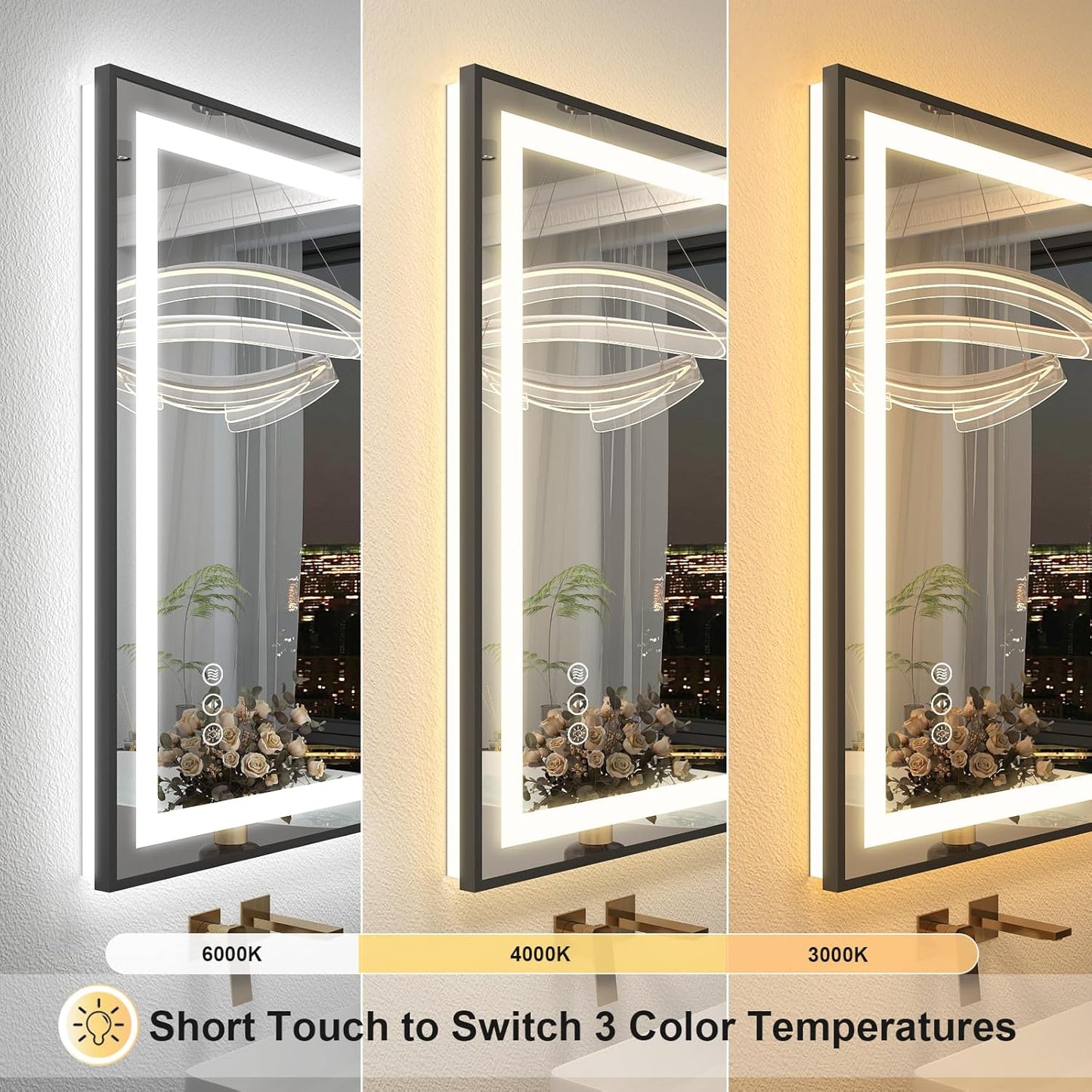 OKPAL 40x30 Framed LED Mirror for Bathroom, Black Lighted Bathroom Mirror with Lights, Front and Backlit LED Bathroom Vanity Mirror, Anti-Fog, Dimmable, Shatterproof, Memory, ETL Listed