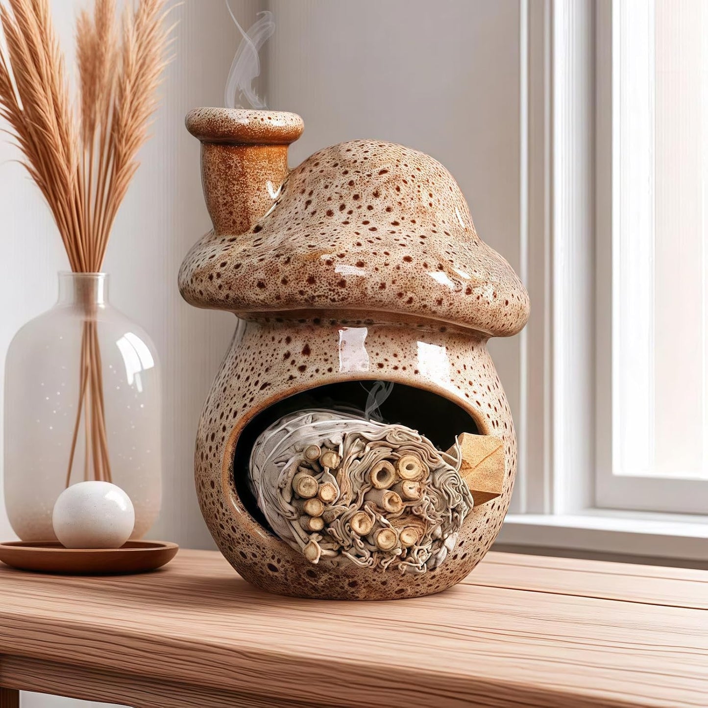 Mushroom Incense Holder, Red Ceramic Palo Santo Holder Burner & Sage Holder - Mini Tabletop Chiminea Burner Tray with Ash Catcher, Cute Mushroom Decorations for Spiritual Meditation & Yoga