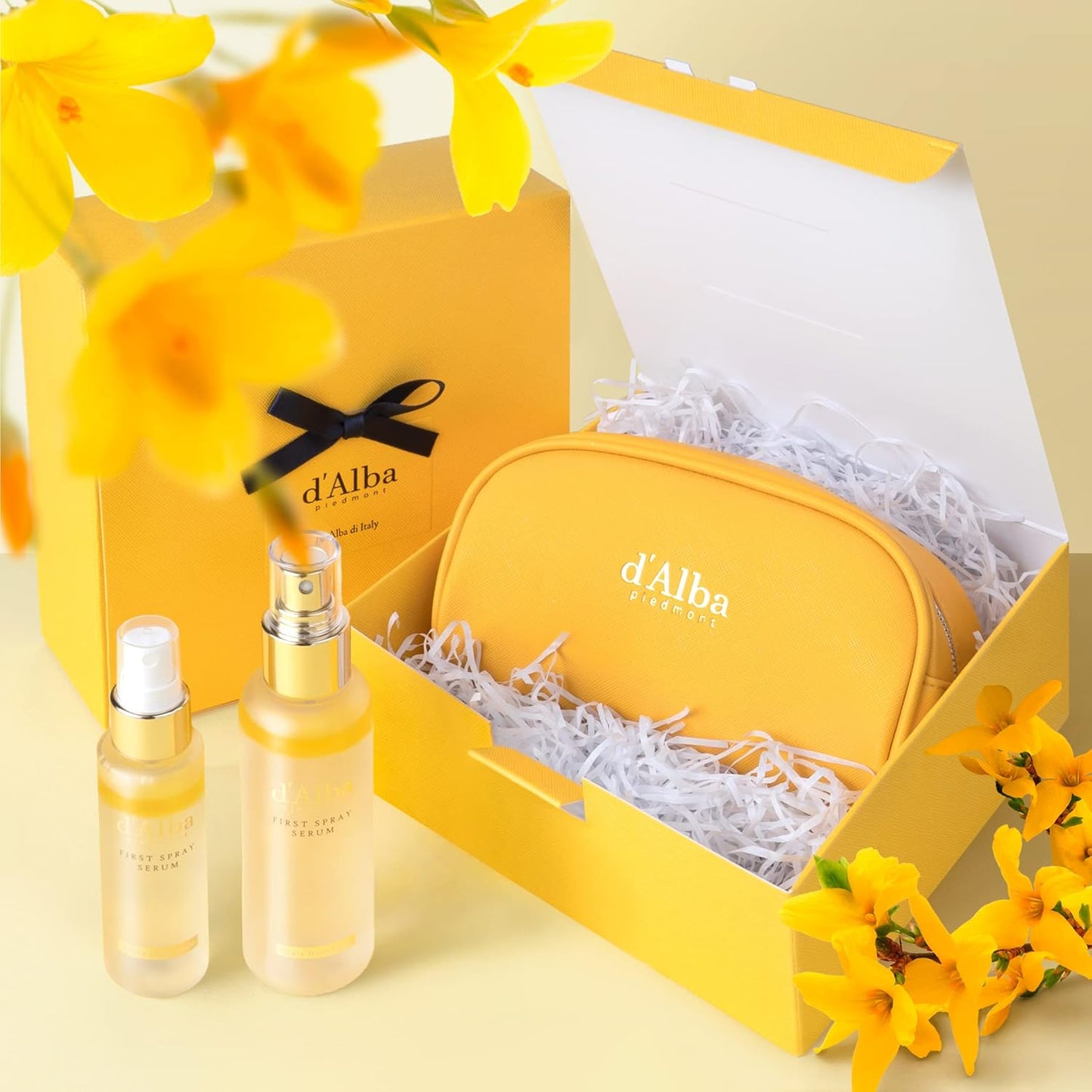 d'Alba Travel Essencial Gift Set, White Truffle First Spray Serum Full Size & Travel Size with Yellow Pouch, Korean Skin Care