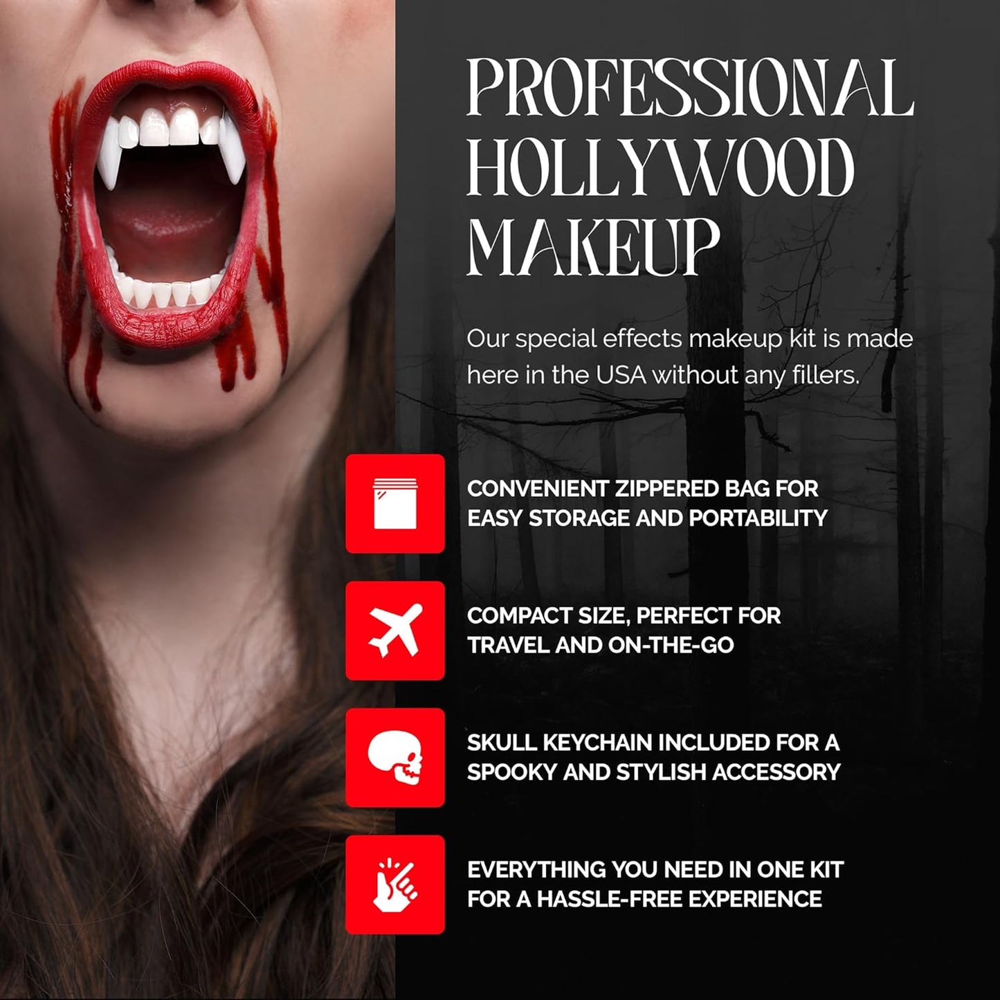 Vampire SFX Makeup Kit - Deluxe Wicked Bite Special Effects Face Makeup with 1/2 Oz. Extra Thick Fake Blood, Black Pencil Liner, Vampire Fangs and Stipple Sponge for Halloween or Stage - Bloody Mary