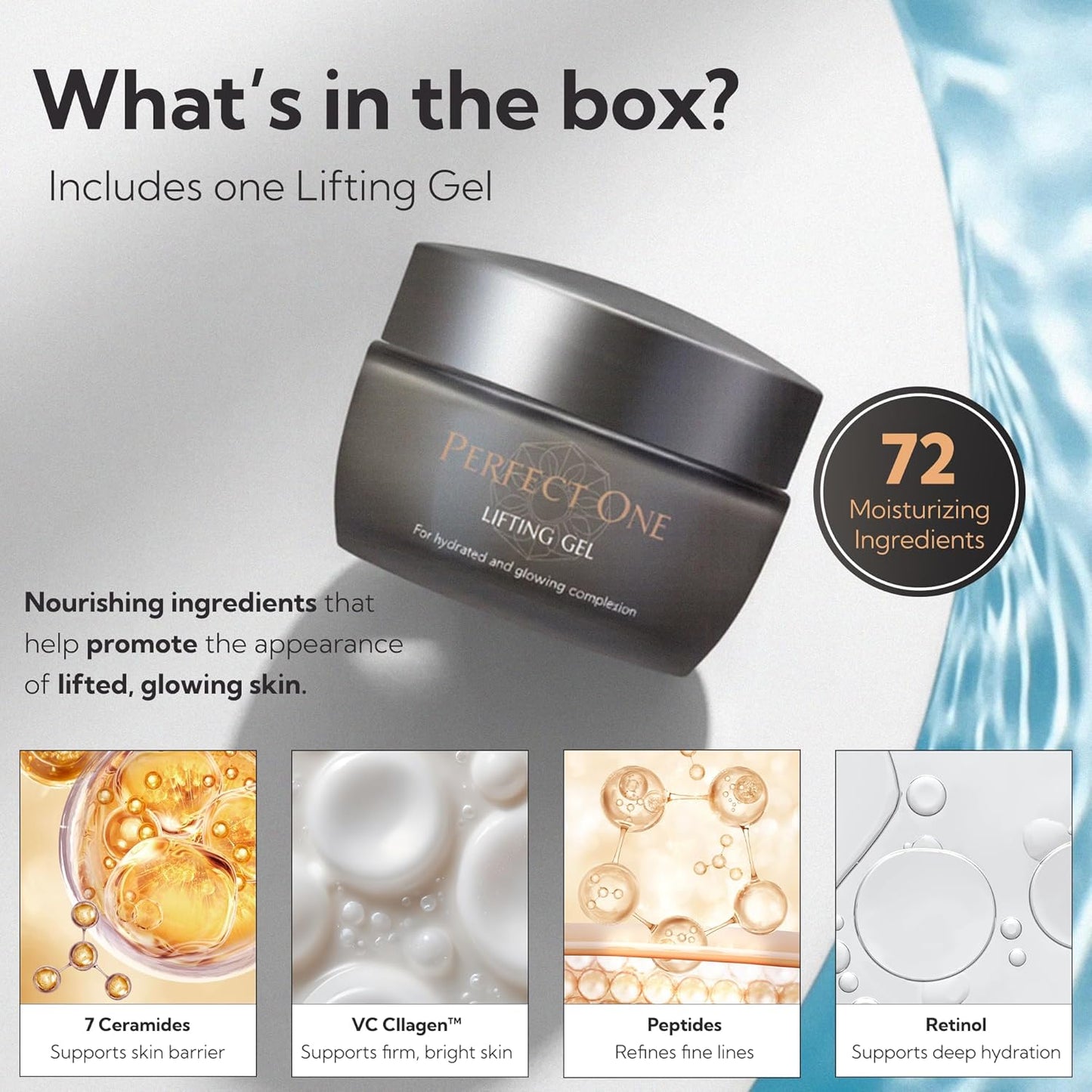 PERFECT ONE Lifting Gel - Helps The Skin Appear Firmer and Moisturized - All-in-One Skin Care Serum, Moisturizer, & Facial Mask - With VC Collagen, Niacinamide, Retinol, and Hyaluronic Acid, 50g