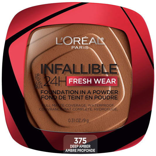 L'Oreal Paris Makeup Infallible Fresh Wear Foundation in a Powder, Up to 24H Wear, Waterproof, Deep Amber, 0.31 oz.